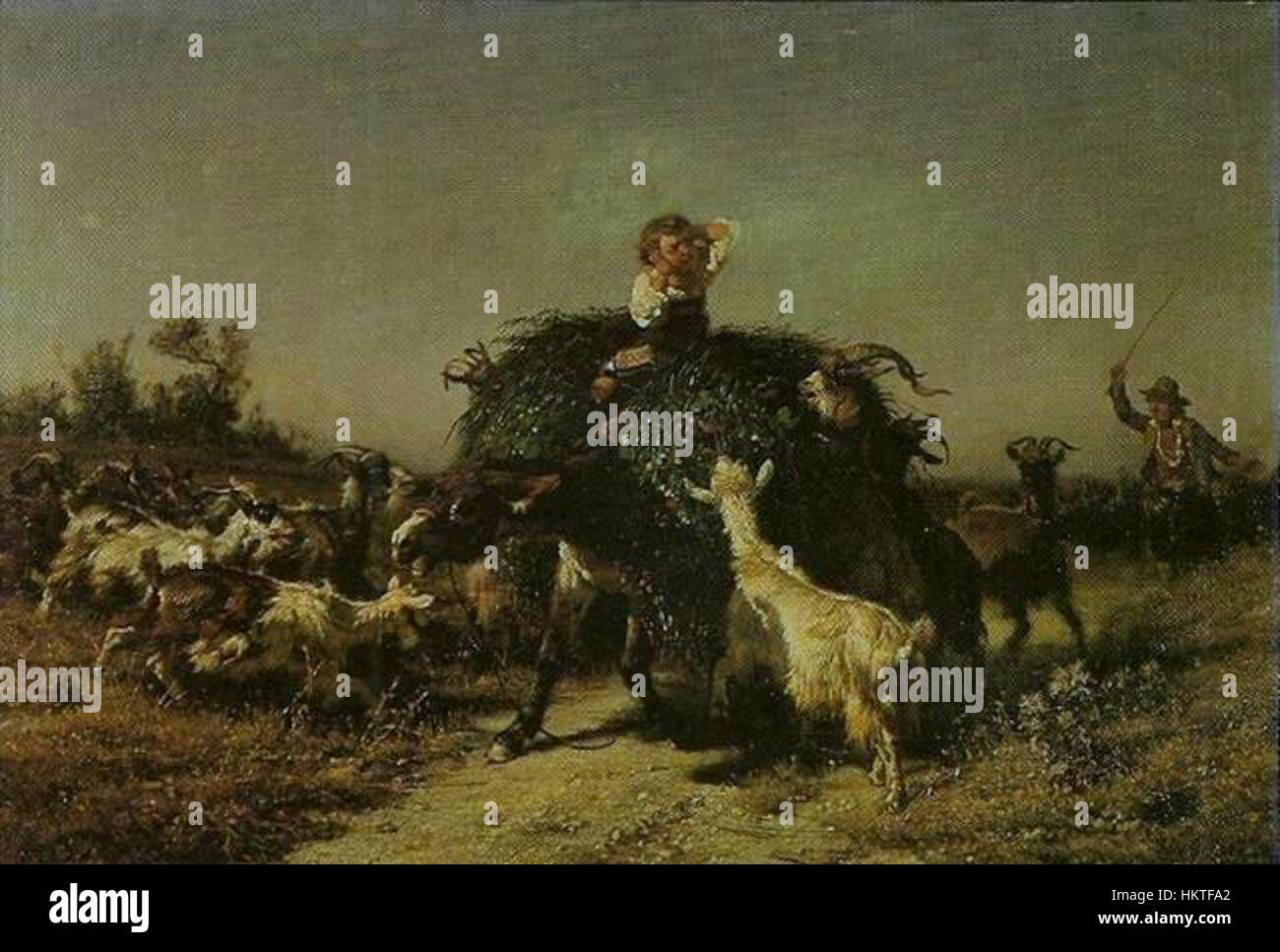 „Carro de feno atacado pelas cabras“ (von Ziegen angegriffener Heuwagen) von Filippo Palizzi aus dem Jahr 1857 zeigt das ländliche italienische Leben. Das Gemälde zeigt eine lebendige Pastoralszene, die die dynamische Interaktion zwischen Tieren und ihrer Umgebung mit großem Realismus einfängt. Stockfoto