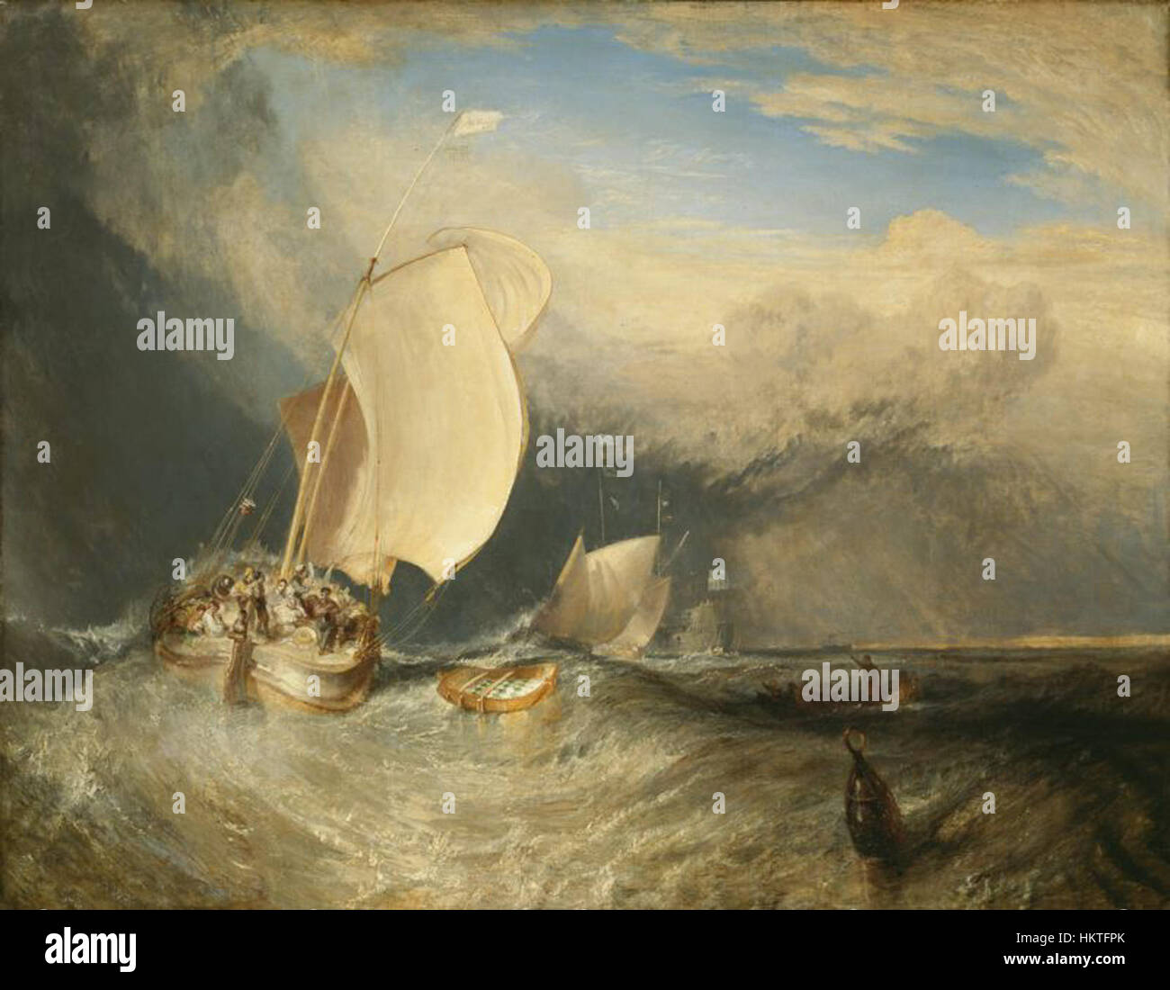 J.M.W. Turners „Fishing Boats with Hucksters Tragain for Fish“ (1837–1838) ist ein Ölgemälde, das eine geschäftige Küstenszene darstellt. Die Komposition zeigt Fischer und Händler, die im Handel tätig sind, wobei Turners charakteristische Licht- und Farbtechniken die Bewegungen des Meeres und der Figuren einfangen. Stockfoto