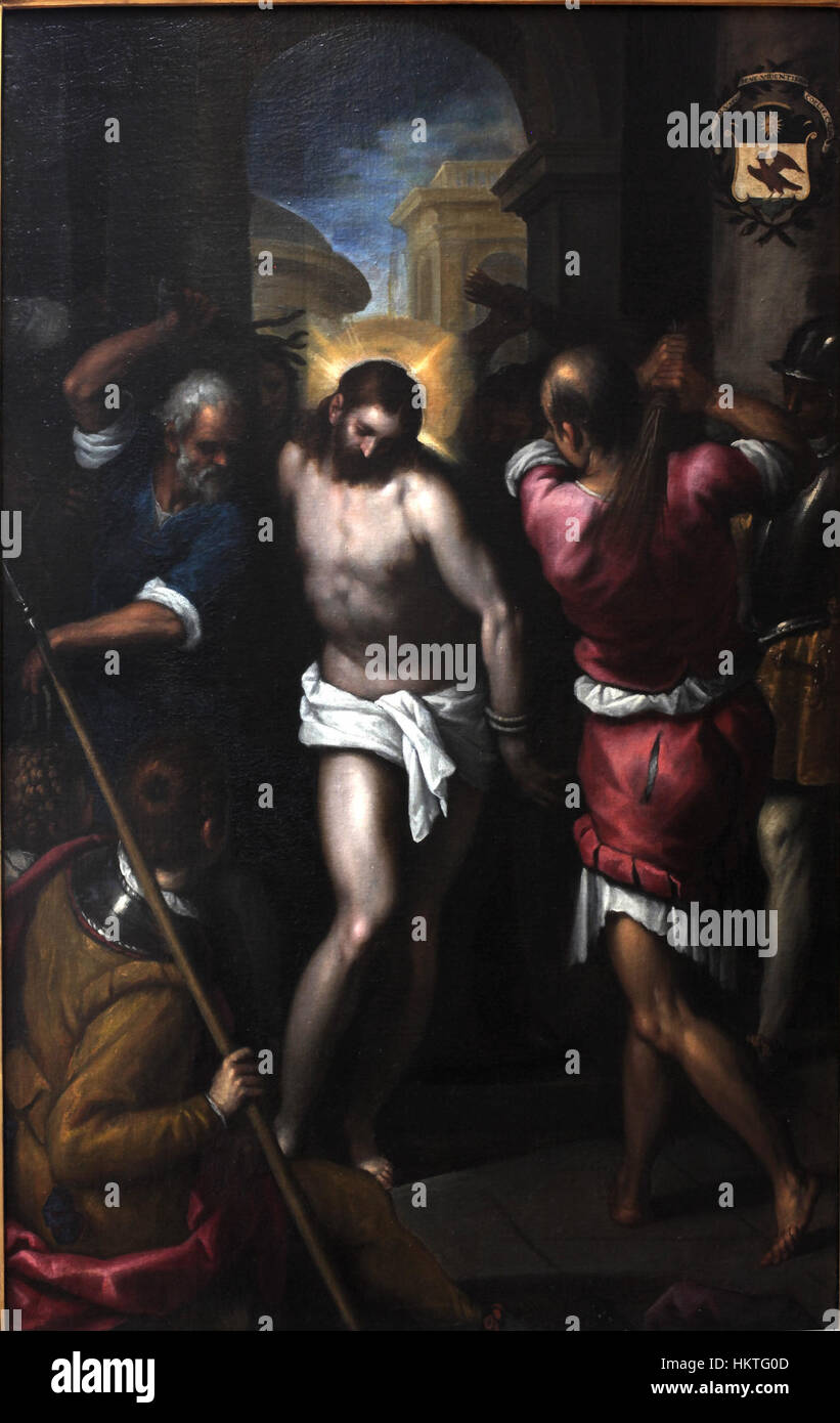 „Flagellation of Christ“ von Palma il Giovane zeigt eine biblische Szene des Leidens Christi in dramatischen, emotionalen Details. Das Gemälde ist ein bedeutendes Beispiel religiöser Kunst aus der Renaissance. Stockfoto