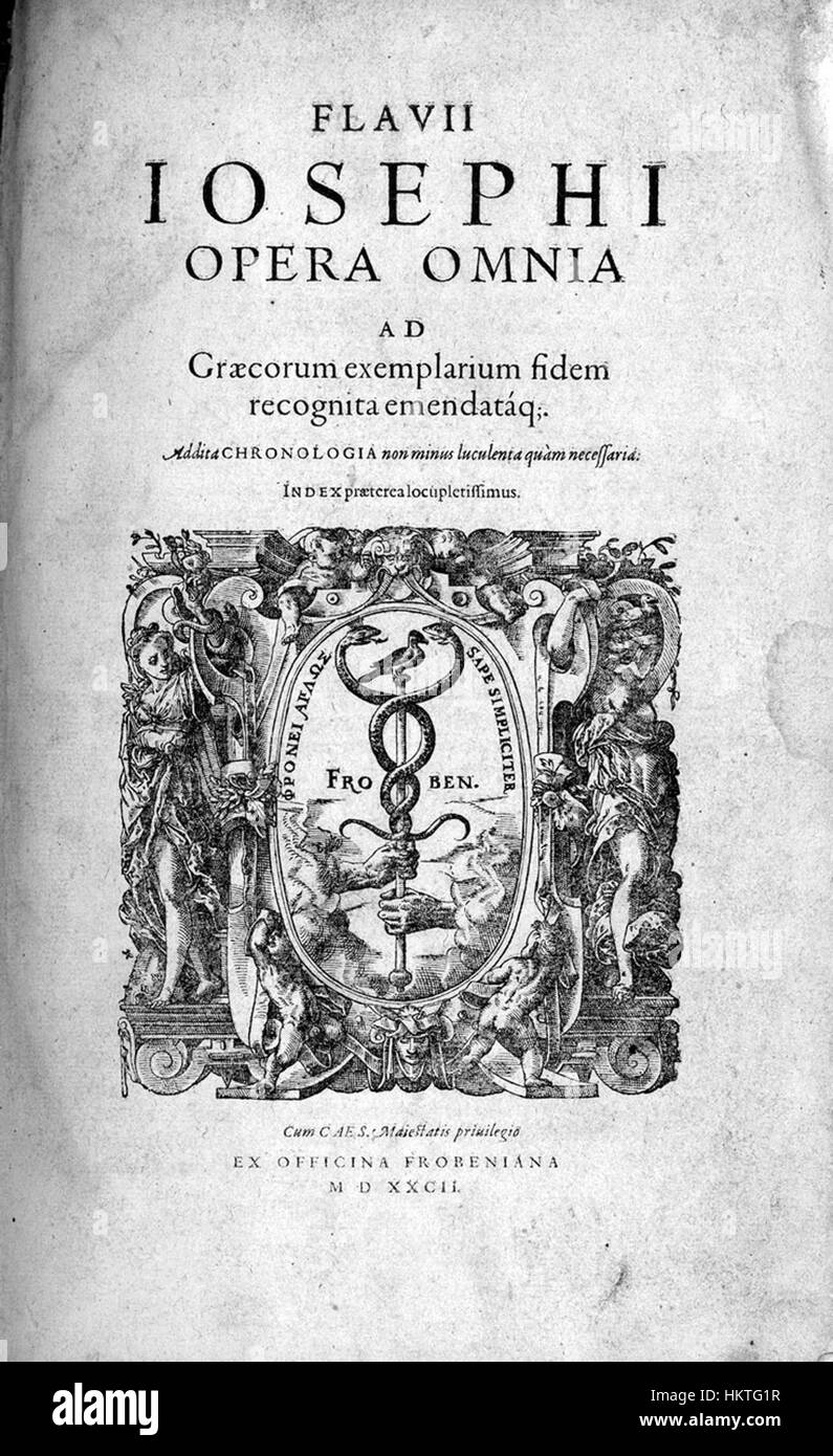 Die 1582 von Froben gedruckte Ausgabe von *Flavius Josephus* ist ein wichtiges historisches Dokument. Flavius Josephus, ein jüdischer Historiker, schrieb über die jüdisch-römischen Kriege, und dieser Druck ist ein wichtiges Beispiel für die Renaissance-Gelehrsamkeit und die Erhaltung historischer Texte. Stockfoto