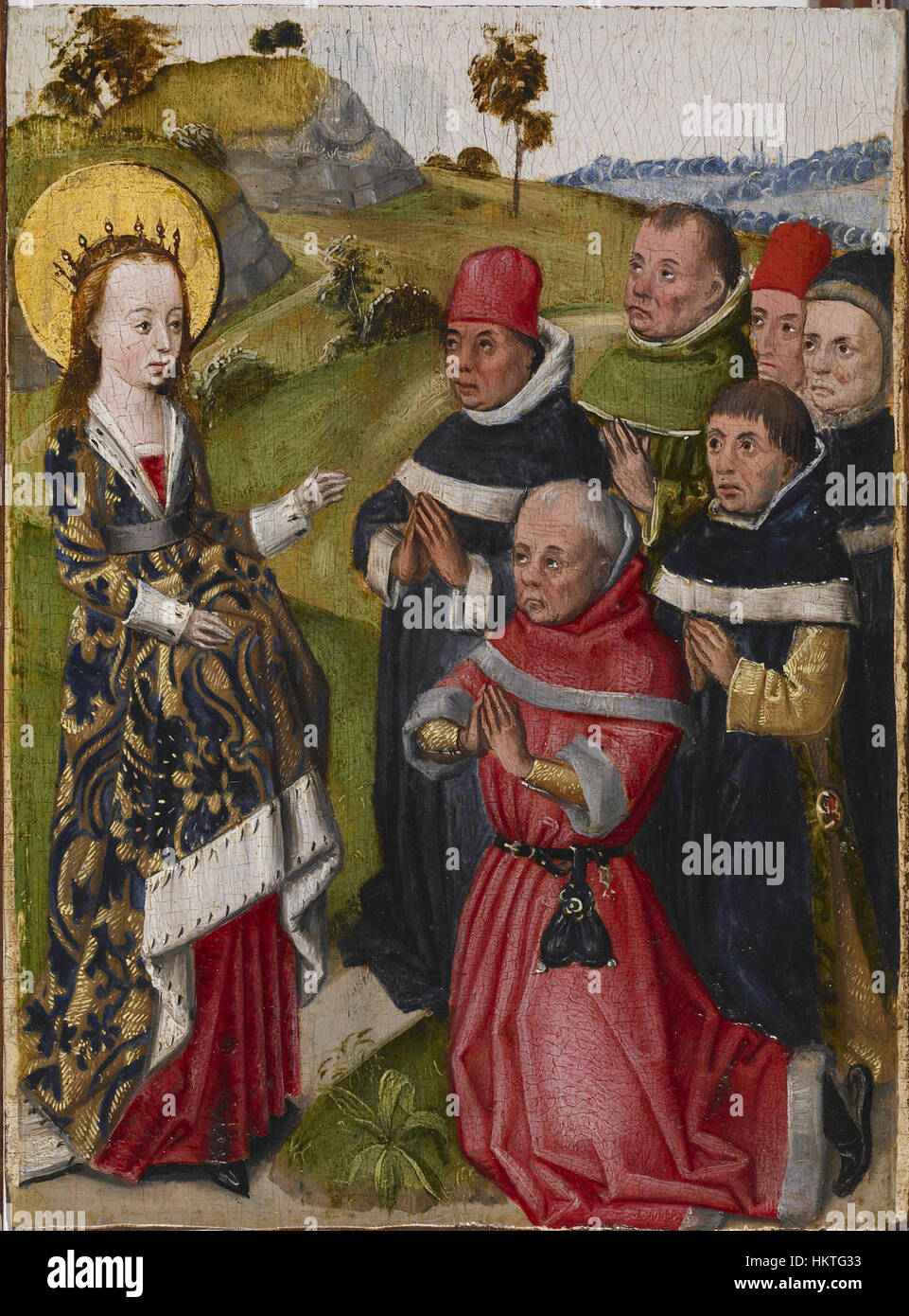 Dieses flämische Gemälde zeigt die Heilige Katharina von Alexandria bei der Konvertierung von Gelehrten zum Christentum. Das Kunstwerk betont die Intelligenz und den spirituellen Einfluss des heiligen, typisch für die flämische religiöse Kunst aus der Renaissance. Stockfoto