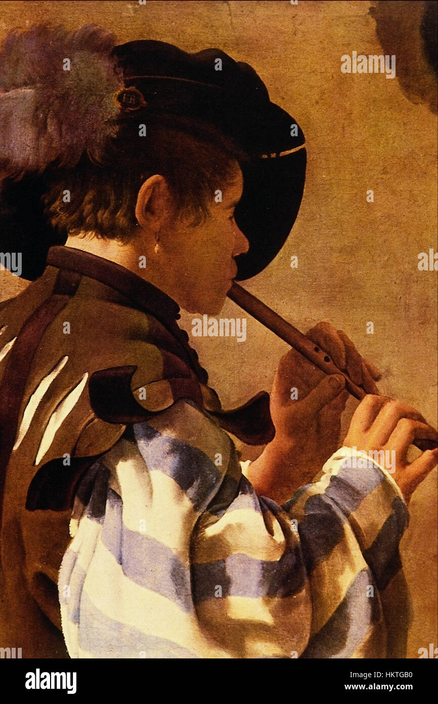 Flotenblaser I von Hendrik Terbrugghen ist ein niederländisches Gemälde aus dem 17. Jahrhundert, das einen Musiker zeigt, der eine Flöte spielt. Das Werk zeigt Terbrugghens Beherrschung von Licht und Form, wie sie in der niederländischen Barockkunst üblich ist. Stockfoto