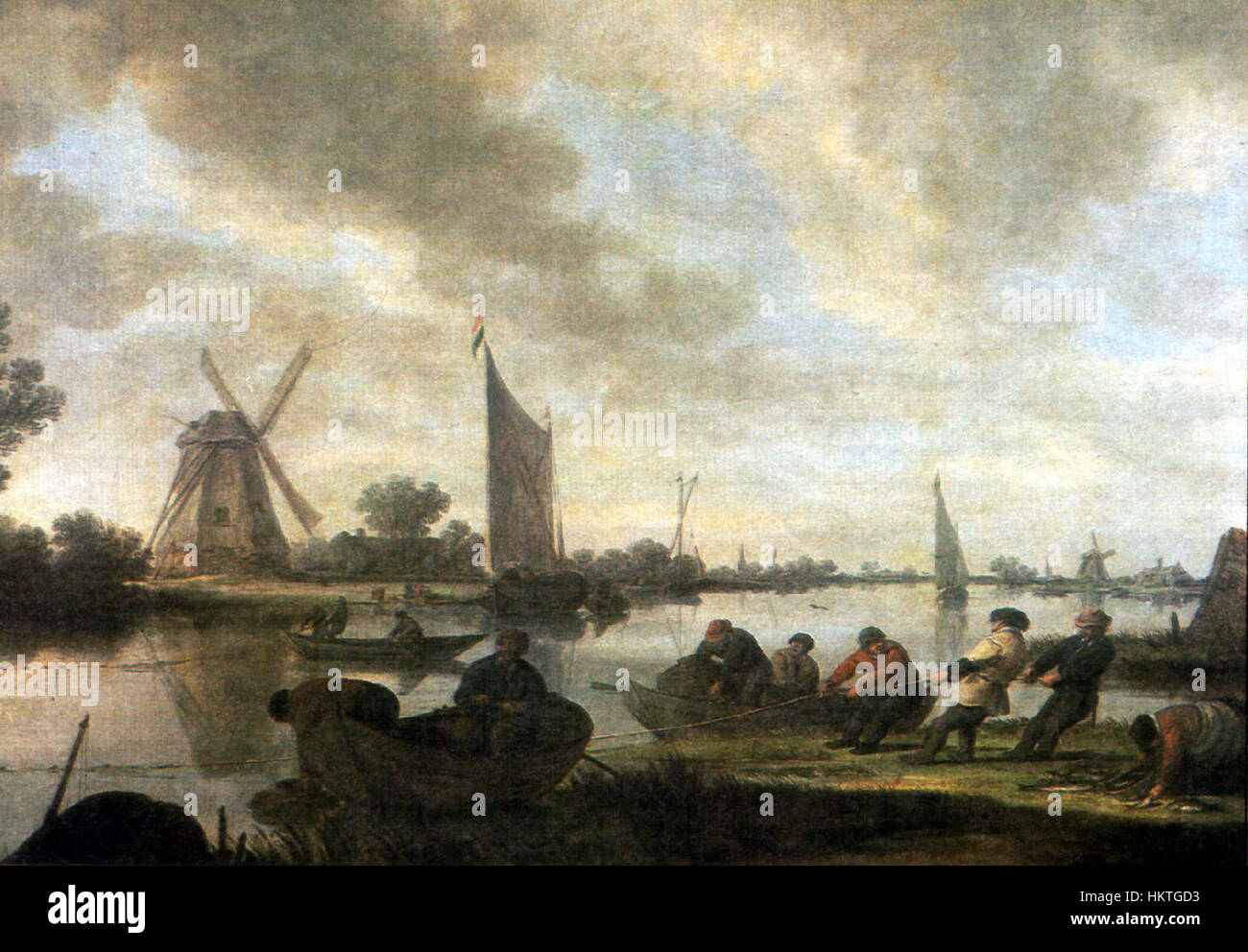 „Flusslandschaft mit Fischern“ von Jan van Goyen zeigt eine ruhige Flusslandschaft mit Fischern, die am Wasser arbeiten. Das Gemälde unterstreicht Goyens Expertise in der Erfassung natürlicher Landschaften und des Alltags des Hollands aus dem 17. Jahrhundert, wobei ruhiges Wasser, ferne Bäume und die Verwendung von Licht und Schatten im niederländischen Realismus hervorgehoben werden. Stockfoto