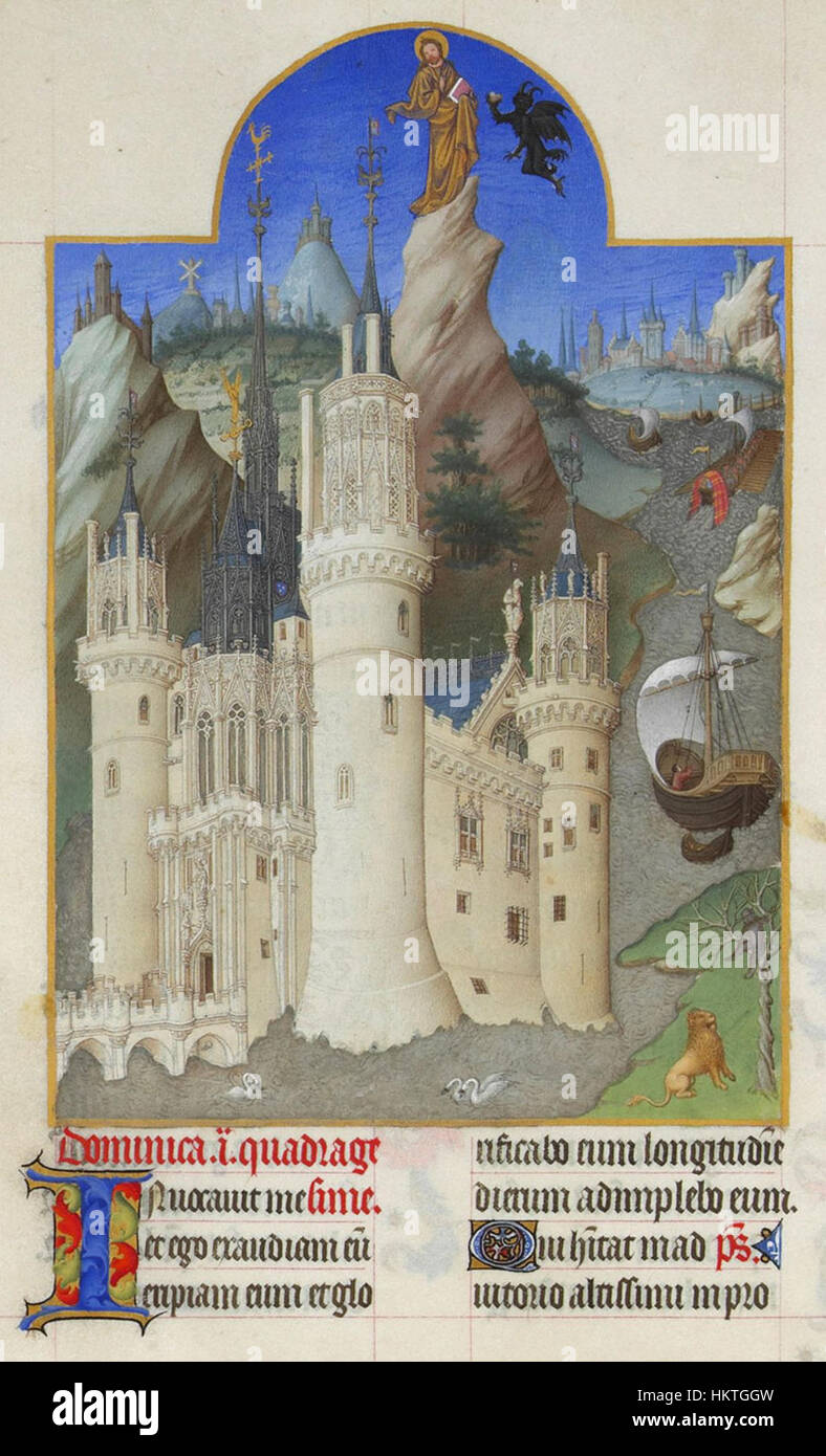 Folio 161v - die Versuchung Christi veranschaulicht den biblischen Moment, in dem Jesus von Satan in der Wüste verführt wird. Dieses mittelalterliche Manuskriptbild fängt den spirituellen Konflikt und den Widerstand Christi gegen die Versuchung ein, einen Schlüsselmoment in der christlichen Theologie. Stockfoto