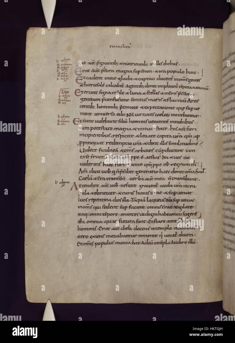 Diese Seite aus den lateinischen Evangelien der Bodleian-Bibliotheken (137v) ist eine mittelalterliche Handschrift, die lebendige Illuminationen und religiöse Texte zeigt. Es repräsentiert die künstlerischen und wissenschaftlichen Errungenschaften der Zeit und kombiniert textliche und visuelle Elemente, um religiöse Geschichten zu vermitteln. Stockfoto