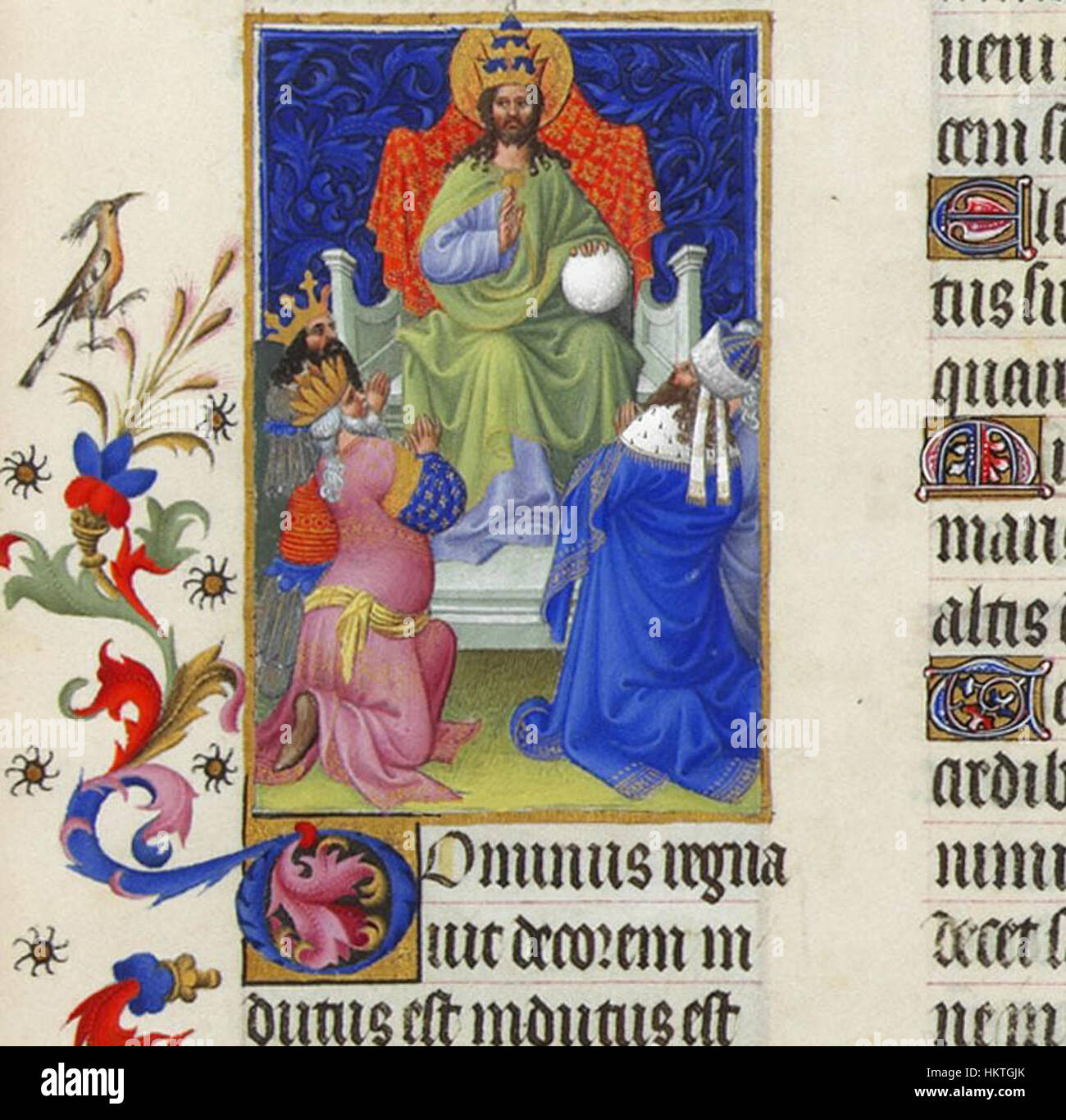 Folio 39r ist eine Seite aus einer mittelalterlichen Handschrift, die die göttliche Herrschaft Gottes über die Erde veranschaulicht. Das Bild repräsentiert Gottes Souveränität mit einer Darstellung der Erde, umgeben von himmlischen Elementen. Das Werk ist Teil einer breiteren Tradition religiöser Manuskripte, die theologische Themen und spirituelle Kraft hervorheben. Stockfoto