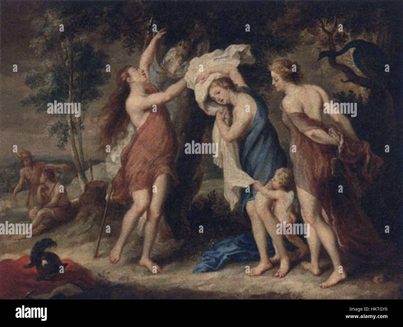 Ein Gemälde, das einem Anhänger von Peter Paul Rubens zugeschrieben wird und die mythische Szene des Pariser Gerichts darstellt. Das Kunstwerk zeigt klassische Mythologie durch Rubens' Barockstil mit dynamischen Figuren und dramatischer Beleuchtung. Stockfoto