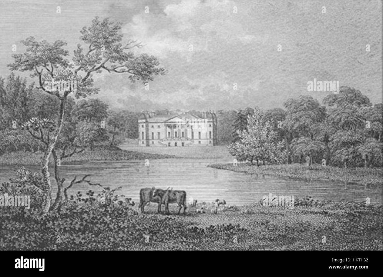 Foremarke Hall, ein Herrenhaus in Derbyshire, England, in einem klassischen Ölgemälde von 1805, das das Design und die Architektur englischer Anwesen des frühen 19. Jahrhunderts zeigt. Stockfoto