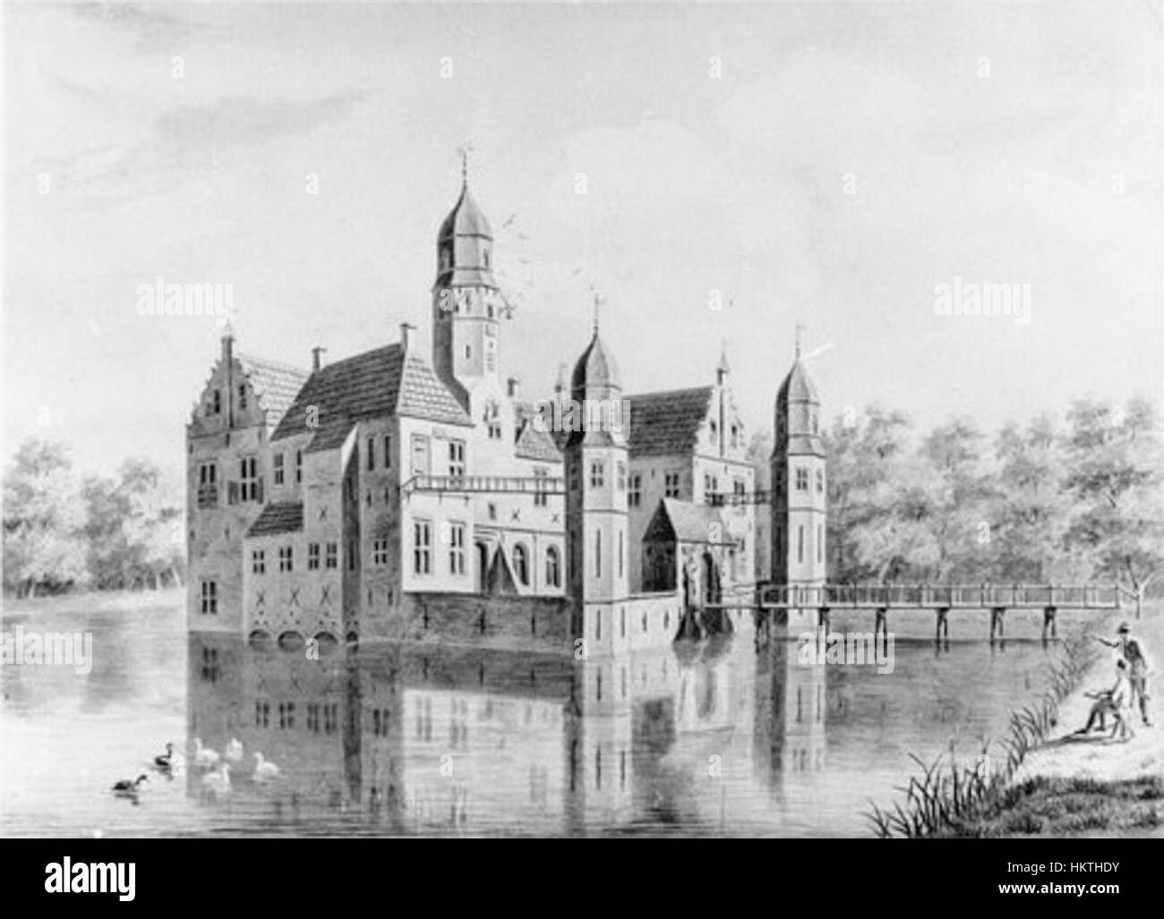 Das Gemälde „Fraeylemaborg“ von Jan Ensing fängt den historischen Eingang zum Anwesen Fraeylemaborg in den Niederlanden ein und konzentriert sich dabei auf seine architektonische Schönheit und die umliegende Landschaft. Stockfoto