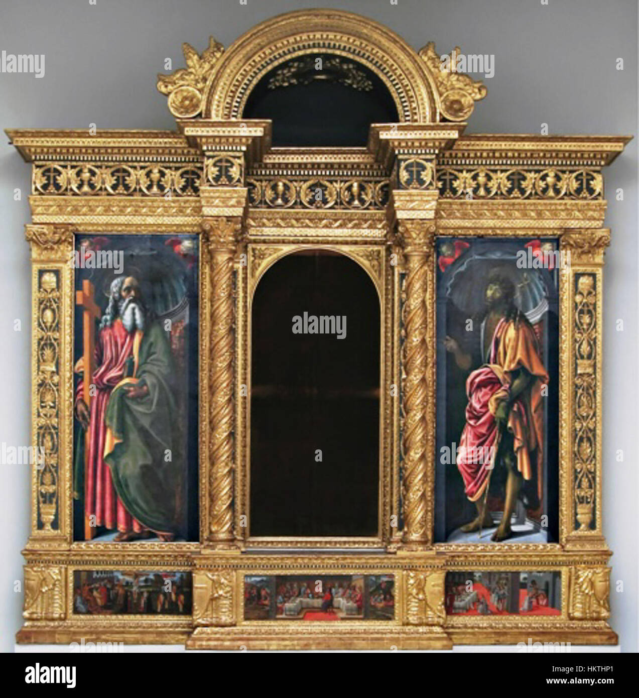 Francesco Botticinis „Tabernakel des Sacramento“ ist ein religiöses Gemälde, das im Empoli Museum ausgestellt wird. Dieses Kunstwerk ist ein bedeutendes Beispiel italienischer Renaissance-Kunst und stellt das Heilige Sakrament in einer detaillierten und lebendigen Komposition dar. Stockfoto