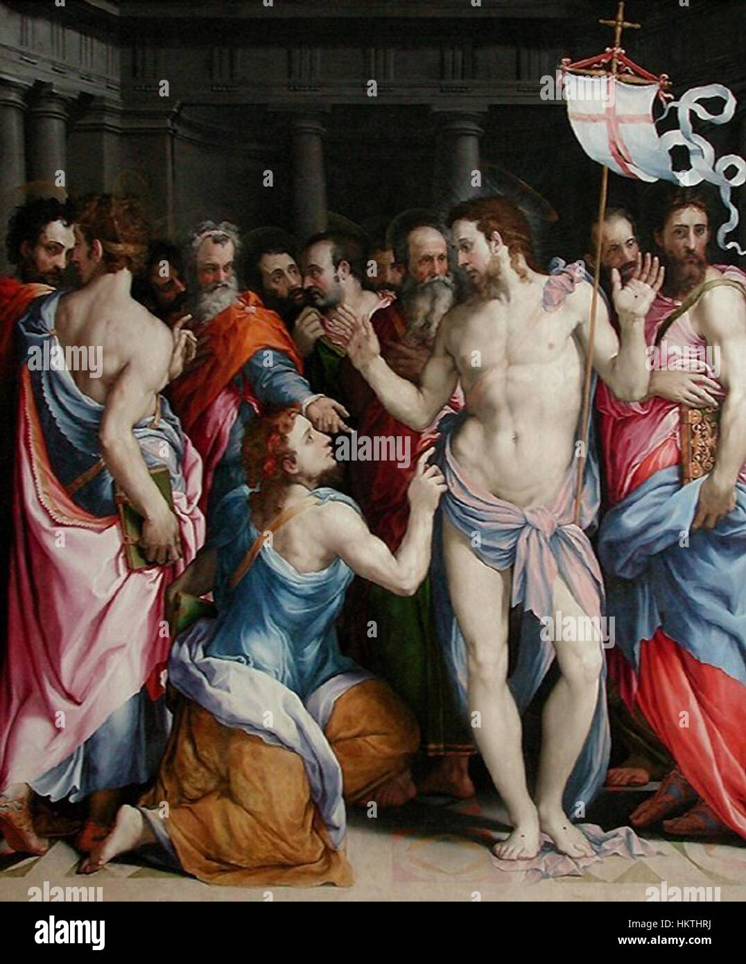 Dieses Gemälde von Francesco de' Rossi zeigt die biblische Geschichte des hl. Thomas, der an der Auferstehung Christi zweifelt. Die Szene fängt den dramatischen Moment des Glaubens und Glaubens ein. Stockfoto