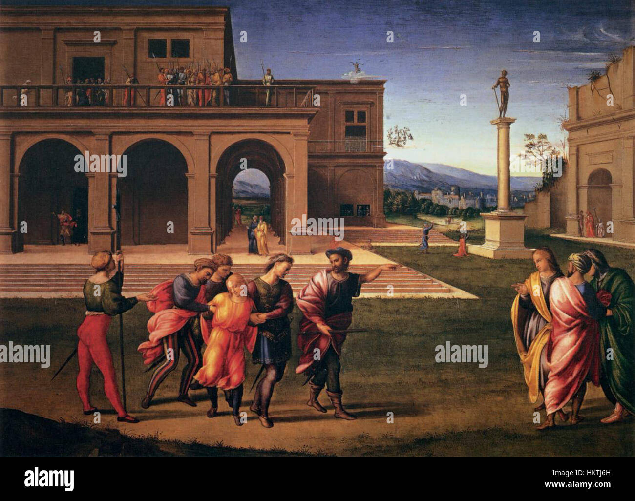 Cattura di Giuseppe von Francesco Granacci beschreibt den biblischen Moment, in dem Joseph von seinen Brüdern gefangen genommen wird, wie im Buch Genesis beschrieben. Das Kunstwerk zeigt Granaccis Fähigkeit, emotionale Tiefe und dramatische Spannung durch Figurenkomposition und lebendige Farben zu porträtieren. Stockfoto