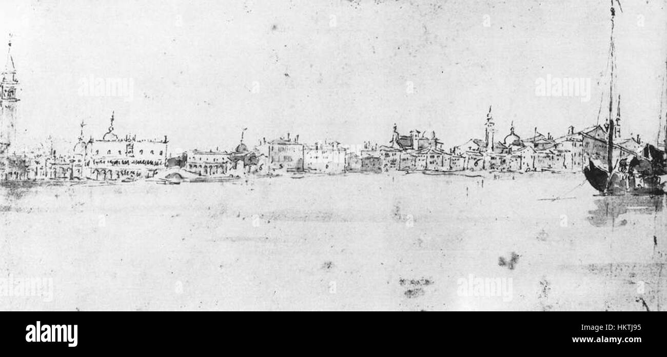 Francesco Guardis „der Molo vom Bacino“ ist ein venezianisches Landschaftsgemälde, das den Blick auf den Molo, den Hauptkai in Venedig, zeigt. Das Gemälde ist ein hervorragendes Beispiel venezianischer Kunst aus dem 18. Jahrhundert. Stockfoto