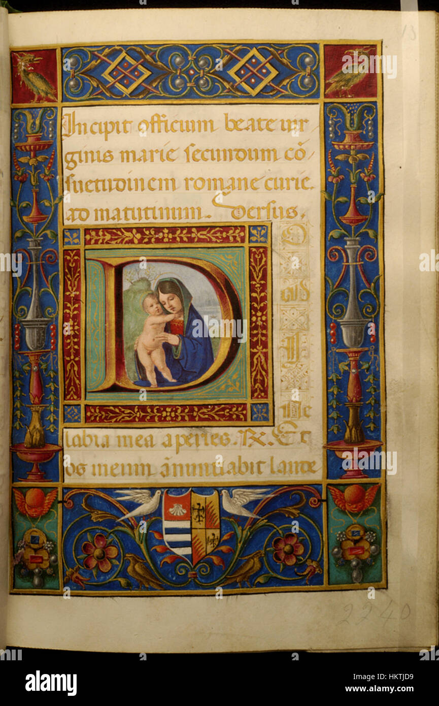 Das „Initial D with Virgin and Child“ ist ein detailliertes Werk von Francesco Marmitta, das eine biblische Szene mit der Jungfrau Maria und dem Christkind darstellt. Dieses besondere Stück ist Teil der Sammlung des Walters Art Museum, die mittelalterliche religiöse Kunst zeigt. Stockfoto