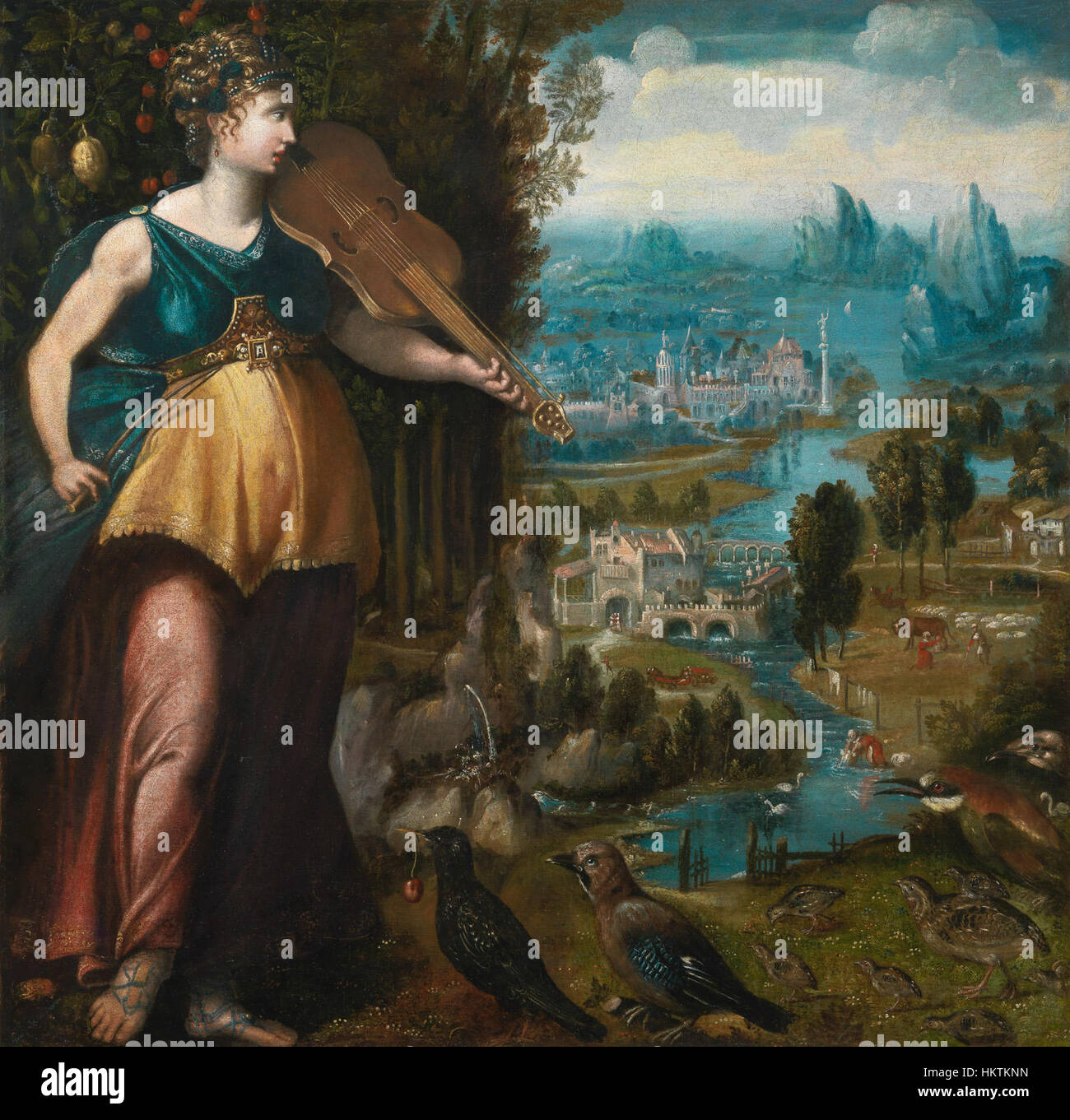 Dieses Gemälde aus der Mitte des 16. Jahrhunderts aus der französisch-flämischen Schule stellt eine Allegorie der Musik dar und zeigt eine Gruppe von Figuren rund um Musikinstrumente, die typisch für den Fokus der Renaissance auf Symbolismus sind. Stockfoto