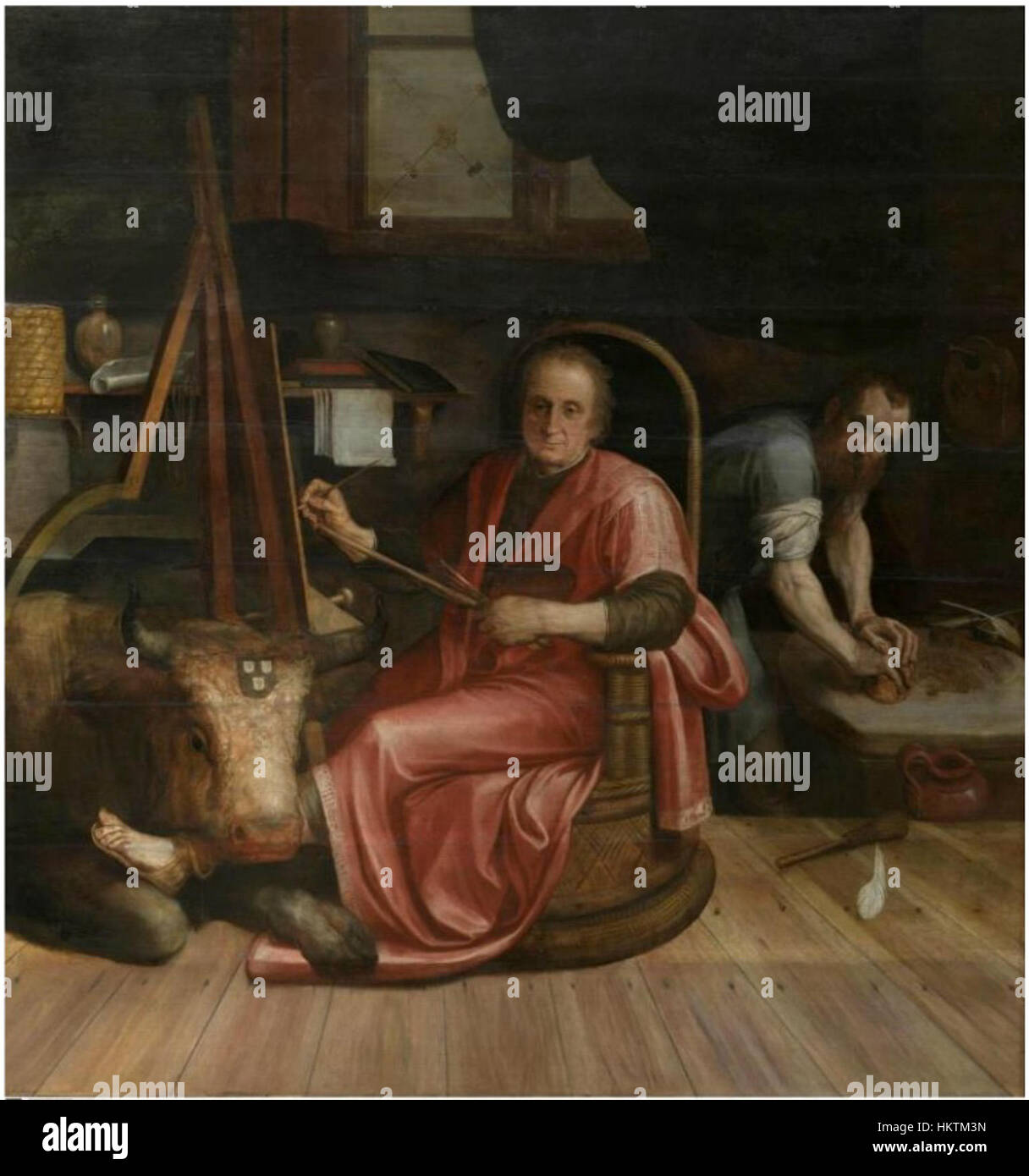 Frans Floris’ „Rijckart Aertsz as St. Lucas“ (um 1560) ist ein religiöses Porträt, das flämische Kunst mit spirituellem Symbolismus verbindet. Das Stück stellt die Figur des Heiligen Lukas dar und betont die religiöse Hingabe und die Bedeutung der Kunst in der Renaissance. Stockfoto