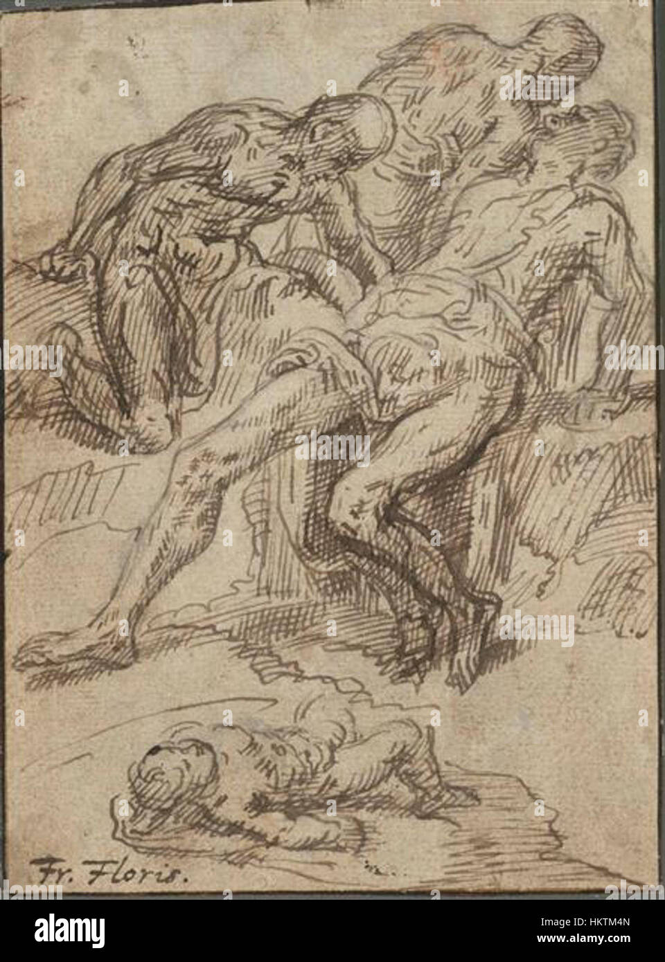 Dieses Werk des flämischen Renaissance-Künstlers Frans Floris zeigt drei männliche Figuren und ein auf dem Boden liegendes Kind, Teil einer größeren historischen oder allegorischen Erzählung. Das Gemälde veranschaulicht die Fähigkeit des Künstlers, dramatische und emotionale menschliche Figuren in einem fein detaillierten Setting darzustellen. Stockfoto Dieses Werk des flämischen Renaissance-Künstlers Frans Floris zeigt drei männliche Figuren und ein auf dem Boden liegendes Kind, Teil einer größeren historischen oder allegorischen Erzählung. Das Gemälde veranschaulicht die Fähigkeit des Künstlers, dramatische und emotionale menschliche Figuren in einem fein detaillierten Setting darzustellen. Stockfoto