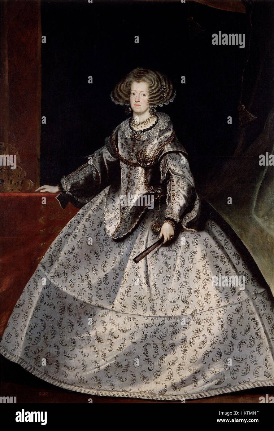 Dieses Porträt von Frans Luycx zeigt Maria von Österreich, Königin von Ungarn. Das Gemälde fängt ihre königliche würde und ihren edlen Charakter ein und unterstreicht ihren Status als europäische Monarin. Stockfoto