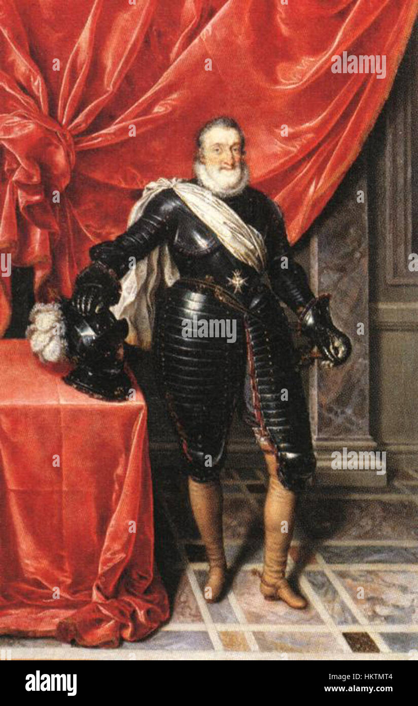 Dieses Porträt von Frans Pourbus (II) zeigt Heinrich IV. In voller Rüstung und zeigt die königliche Autorität und militärische Macht des Königs. Es handelt sich um ein bedeutendes Werk französischer Kunst aus dem 16. Jahrhundert. Stockfoto