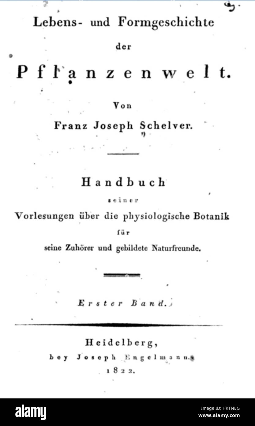„Lebens- und Formgeschichte der Pflanzenwelt“ von Franz Joseph Schelver ist eine botanische Studie aus dem Jahr 1822, die eine detaillierte Darstellung der Pflanzenarten und ihrer Klassifikationen bietet. Stockfoto