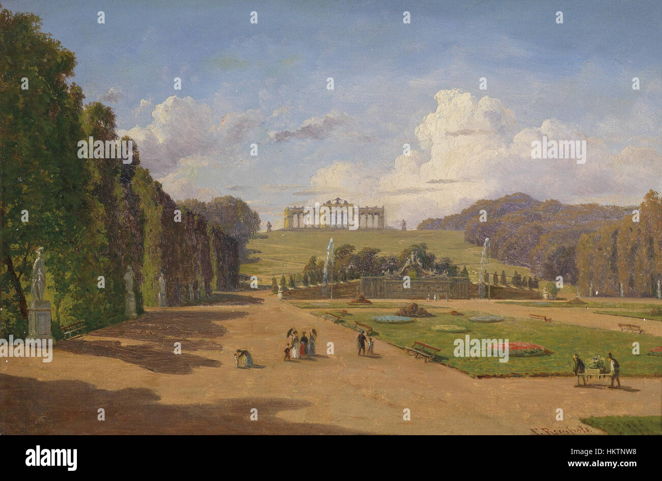 „Blick auf die Gloriette“ von Franz Xaver Reinhold fängt einen Panoramablick auf die Gloriette ein, ein historisches Gebäude auf dem Schlosspark Schönbrunn, das das Können des Künstlers in der Landschaft und Architekturmalerei zeigt. Stockfoto