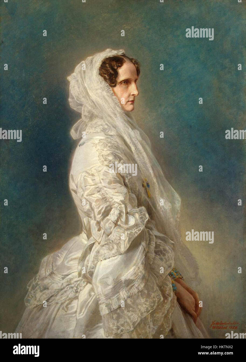 Das Porträt der Kaiserin Alexandra Feodorowna von Franz Xaver Winterhalter, das im 19. Jahrhundert geschaffen wurde, fängt die Eleganz und Anmut der russischen Kaiserin ein. Winterhalters renommierte Kunst in der Darstellung von Königen zeigt sich in dieser delikaten, königlichen Darstellung. Stockfoto
