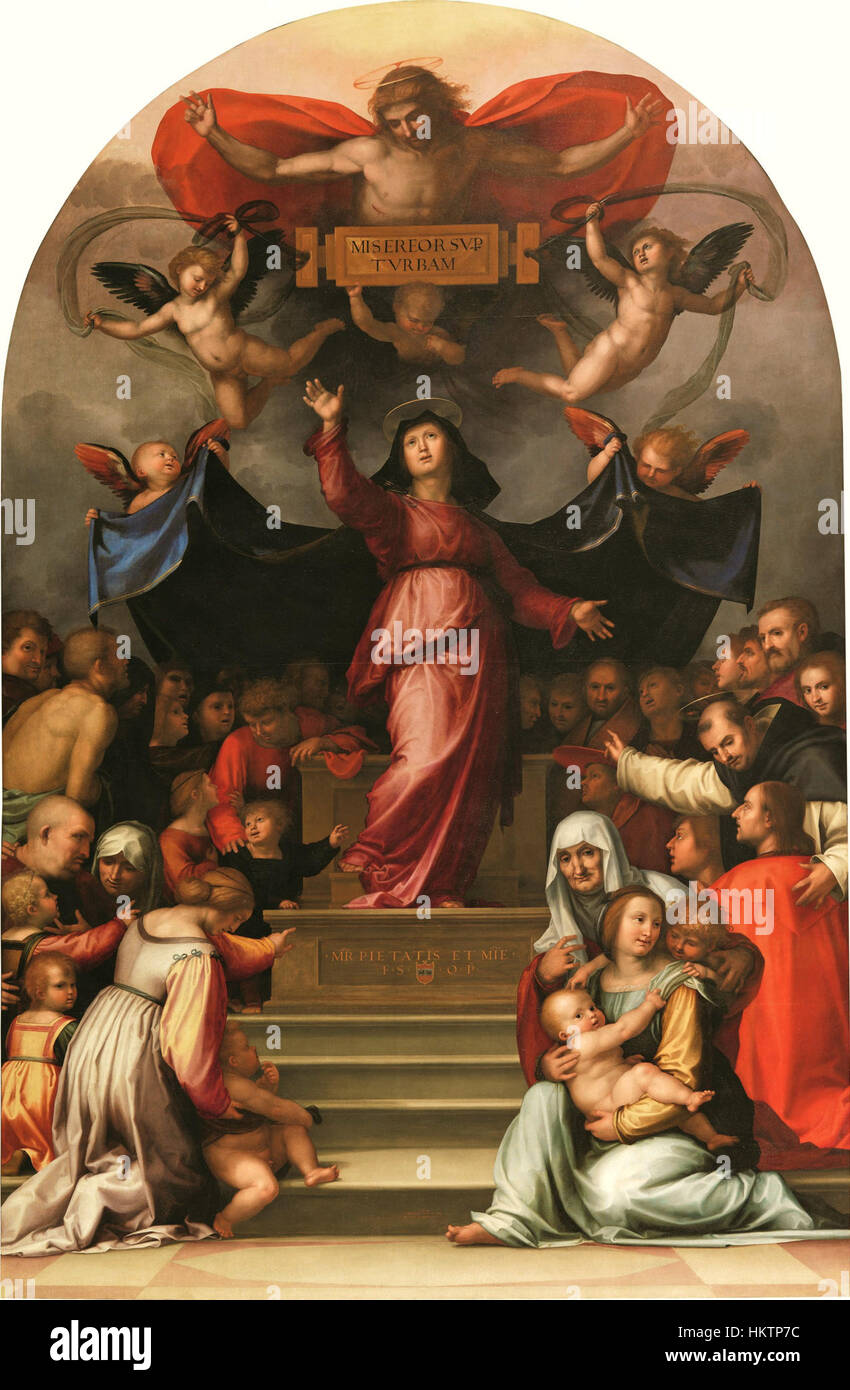 FRA Bartolomeos Gemälde „Madonna della Misericordia“ zeigt die Jungfrau Maria mit offenen Armen, die Schutz und Gnade symbolisiert, ein klassisches Beispiel für religiöse Kunst der Renaissance. Stockfoto