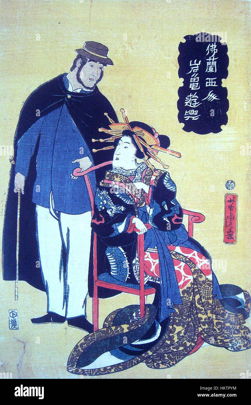 Dieses Gemälde aus dem Jahr 1861 zeigt einen Franzosen mit einer Geisha, der den kulturellen Austausch zwischen Japan und Europa im 19. Jahrhundert widerspiegelt. Das Kunstwerk veranschaulicht die Verschmelzung östlicher und westlicher Kulturelemente. Stockfoto
