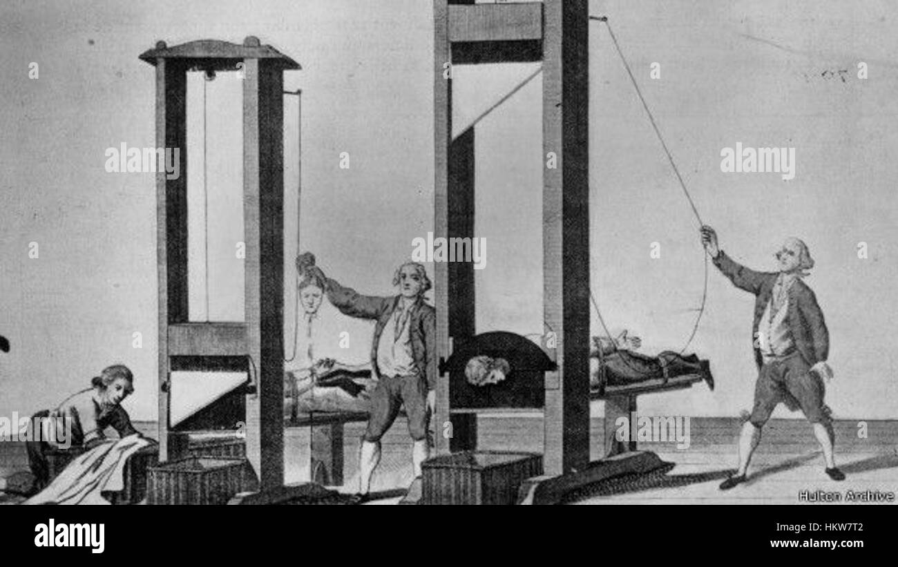 Eine dramatische Darstellung der Guillotine während der Französischen Revolution, die die Intensität und die historische Bedeutung dieser Zeit einfängt. Stockfoto