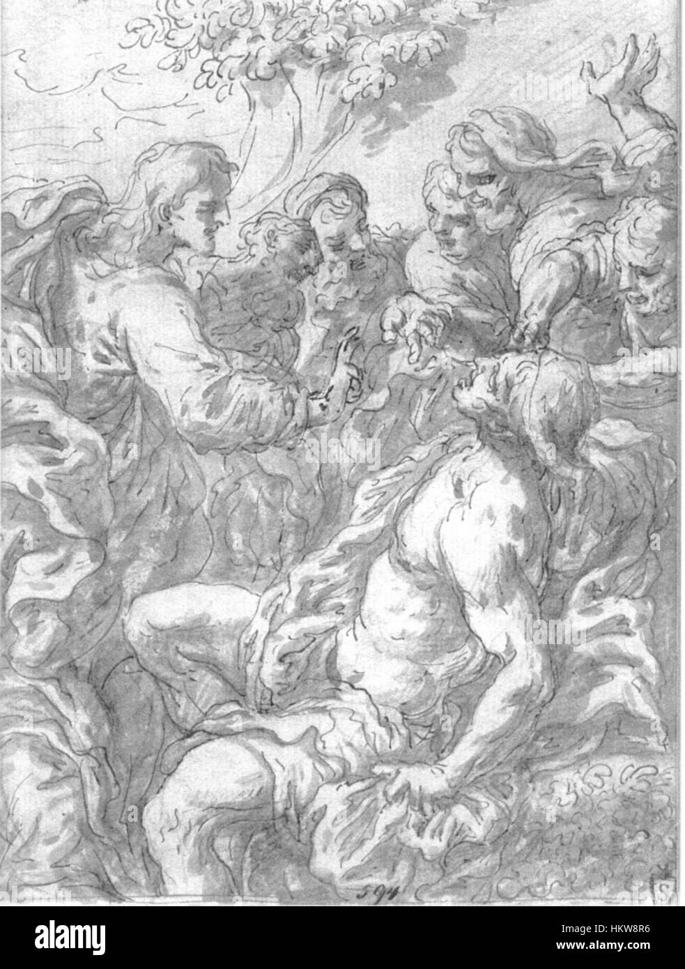 Freys „Jesus Healing the Sick“ ist ein Ölgemälde, das eine biblische Schlüsselszene darstellt und das Mitgefühl und die göttliche Kraft Jesu bei der Heilung der Kranken einfängt. Die Arbeit betont die emotionale Intensität und religiöse Bedeutung des Augenblicks. Stockfoto