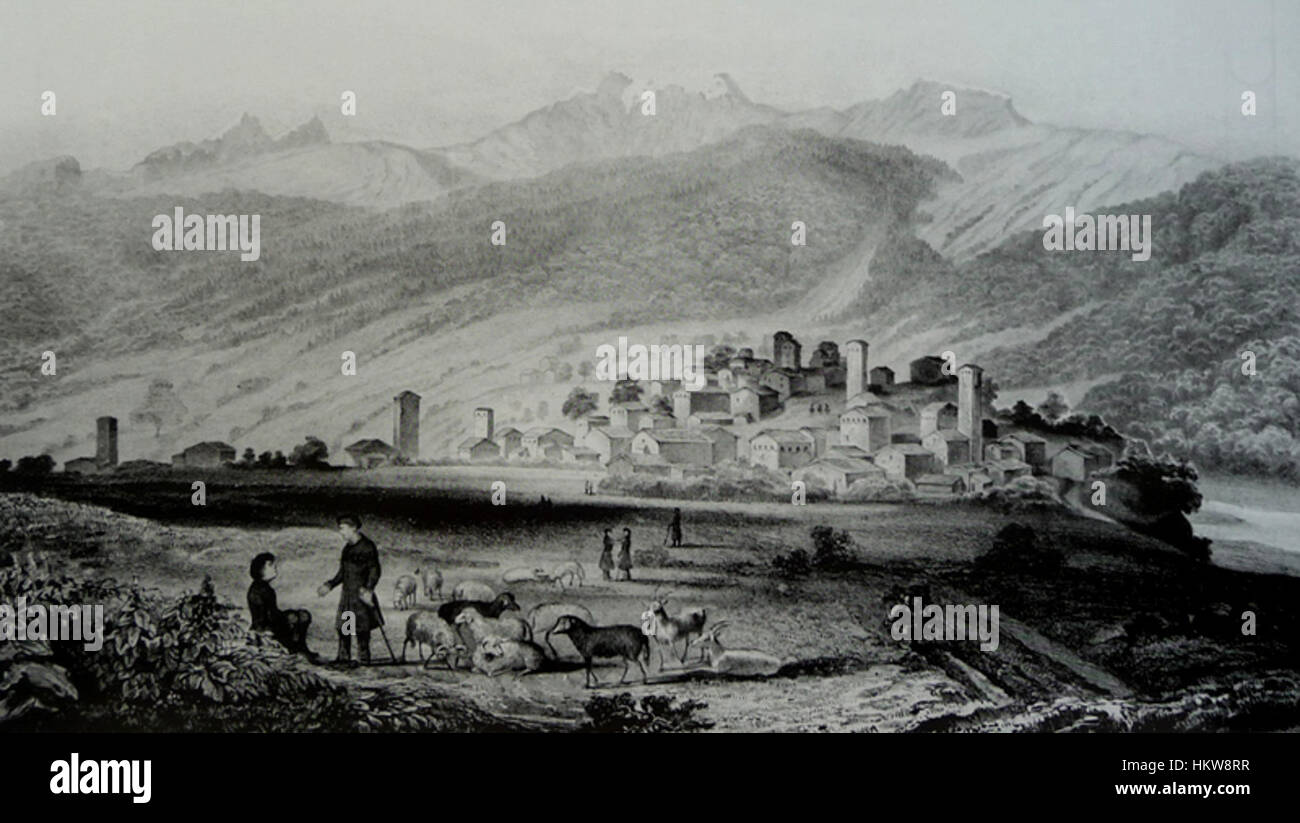 Fridrich Dubois de Montpereux' Gemälde von Ghebi bietet einen Einblick in das tägliche Leben der Region. Seine Arbeit fängt sowohl die Menschen als auch die natürliche Schönheit der Landschaft ein und zeigt Montpereux seine Fähigkeit, kulturelle Elemente zu vereinen. Stockfoto