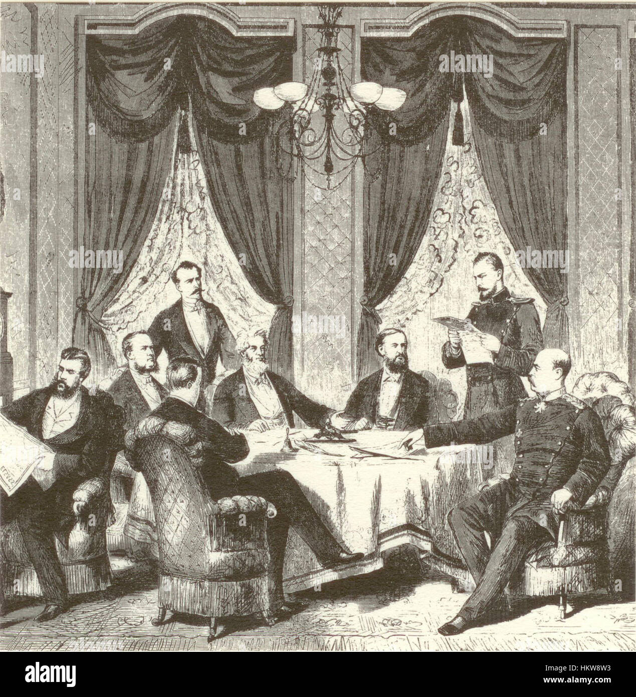 Der Friede von Frankfurt 1871 ist ein Gemälde, das die Unterzeichnung des Frankfurter Vertrags darstellt, der den Deutsch-Französischen Krieg beendete. Dieses historische Kunstwerk fängt einen bedeutenden Moment in der europäischen Geschichte ein und spiegelt den friedensvertrag wider, der die politische Landschaft Europas im späten 19. Jahrhundert neu gestaltete. Stockfoto Der Friede von Frankfurt 1871 ist ein Gemälde, das die Unterzeichnung des Frankfurter Vertrags darstellt, der den Deutsch-Französischen Krieg beendete. Dieses historische Kunstwerk fängt einen bedeutenden Moment in der europäischen Geschichte ein und spiegelt den friedensvertrag wider, der die politische Landschaft Europas im späten 19. Jahrhundert neu gestaltete. Stockfoto