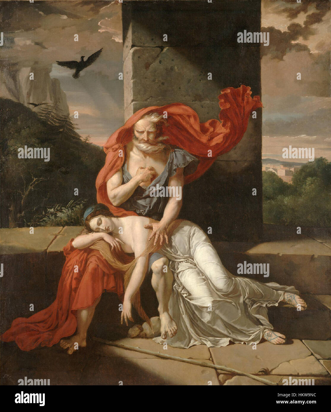 *Oedipus at Colonus* von Fulchran-Jean Harriet zeigt die tragische Figur des Ödipus in seinen letzten Tagen. Das 1798 entstandene Gemälde veranschaulicht eine Szene aus Sophokles' Stück, die sich mit Themen wie Schicksal und Leiden beschäftigt. Stockfoto