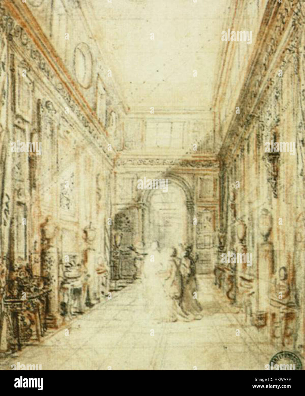 Dieses Kunstwerk von Gabriel Jacques de Saint-Aubin zeigt ein Inneres der Galerie und zeigt die Sammlung von Randon de Boisset. Das Gemälde veranschaulicht die kulturelle und künstlerische Bedeutung der Zeit. Stockfoto
