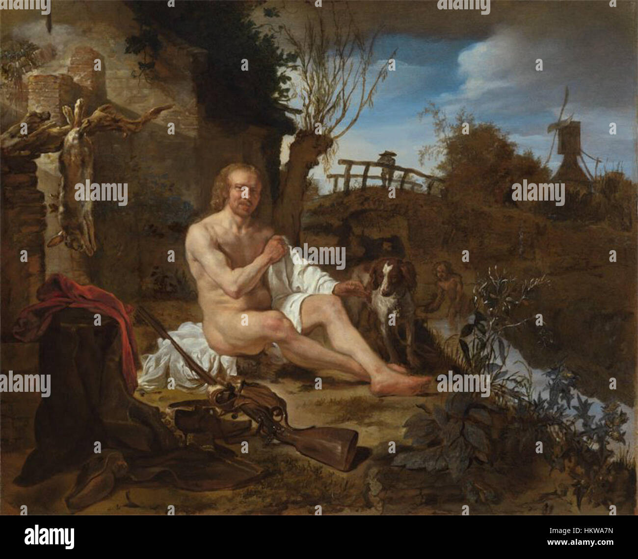 Gabriel Metsu’s „Ein Jäger, der nach dem Baden angezogen wird“ (ca. 1654–1656) ist ein Ölgemälde auf Tafeln, das einen Jäger zeigt, der sich auf seine nächste Verfolgung vorbereitet und Metsu zeigt, wie er den Alltag mit realistischen Details darstellt. Stockfoto