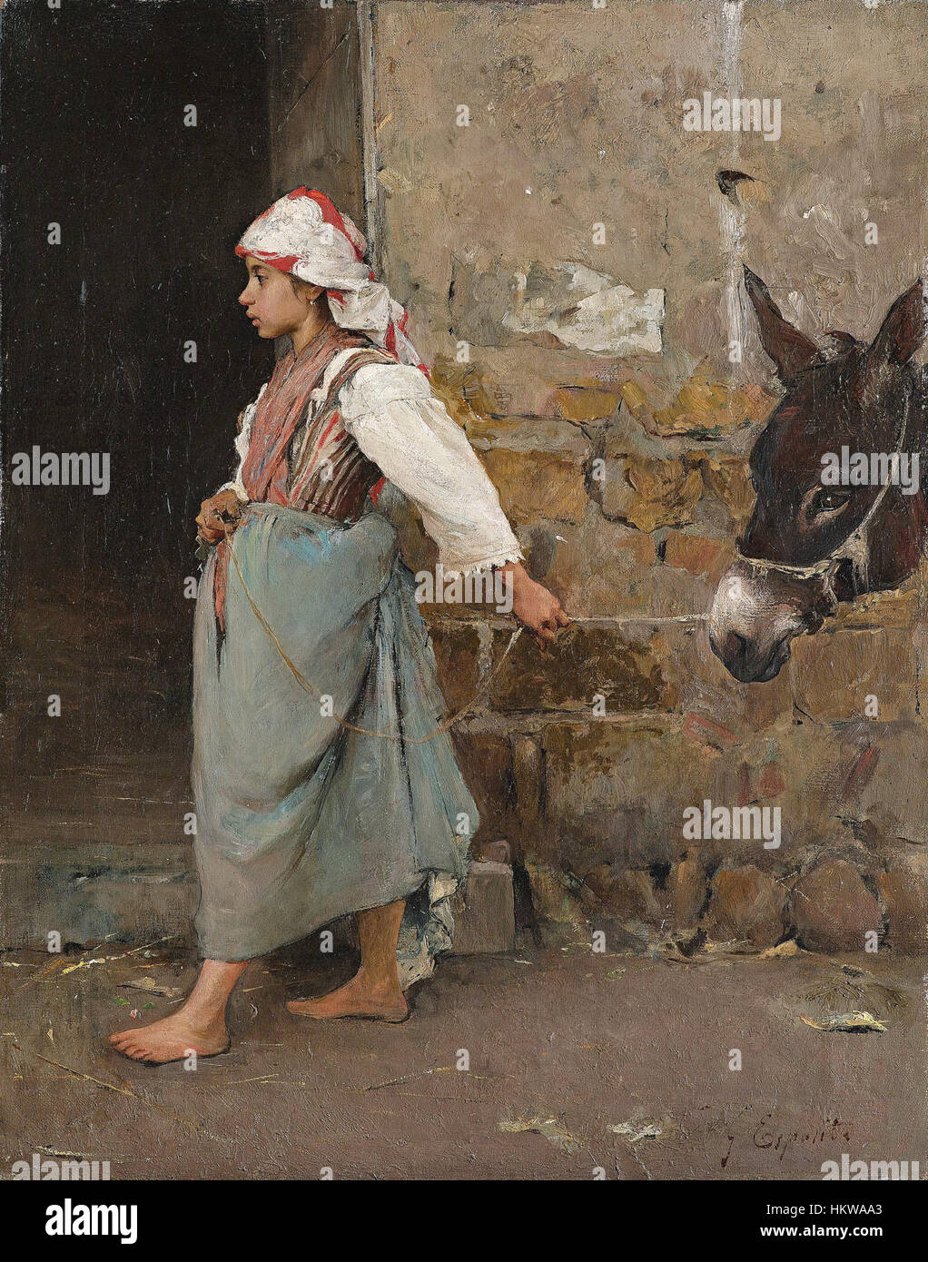 Ein Gemälde von Gaetano Esposito mit dem Titel „auf dem Heimweg“, das eine Szene aus dem Alltag darstellt. Dieses Kunstwerk spiegelt den Stil von Esposito wider, wobei der Schwerpunkt auf menschlichen Figuren und ihrer Umgebung liegt. Stockfoto