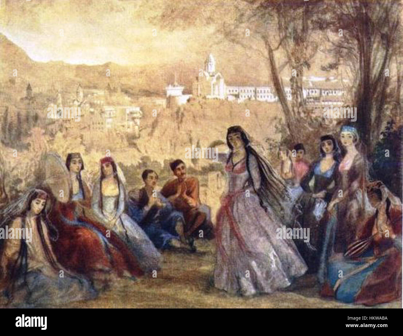 „Gagarin. Lezginka' ist ein Kunstwerk, das von Juri Gagarin, dem ersten Menschen im Weltraum, inspiriert wurde. Das Gemälde verbindet die Themen der Weltraumforschung mit dem traditionellen Tanz der Lezginka und symbolisiert die Verschmelzung von moderner wissenschaftlicher Leistung und kulturellem Erbe in einer visuell eindrucksvollen Komposition. Stockfoto