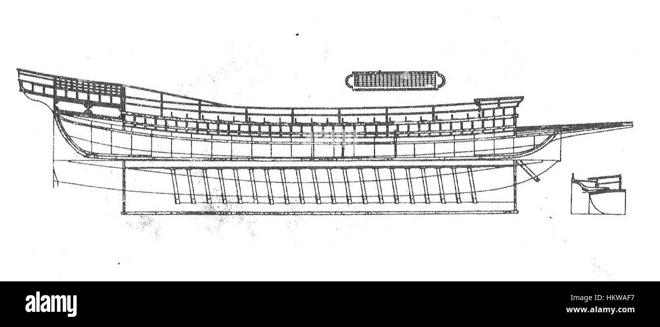 Dieses historische Gemälde aus dem Jahr 1736 zeigt die Galera 20 Banok, ein Schiffstyp, der im 18. Jahrhundert verwendet wurde. Das Kunstwerk konzentriert sich auf das Design des Marineschiffs mit detaillierten Darstellungen seiner Struktur und der maritimen Kultur der Zeit. Stockfoto