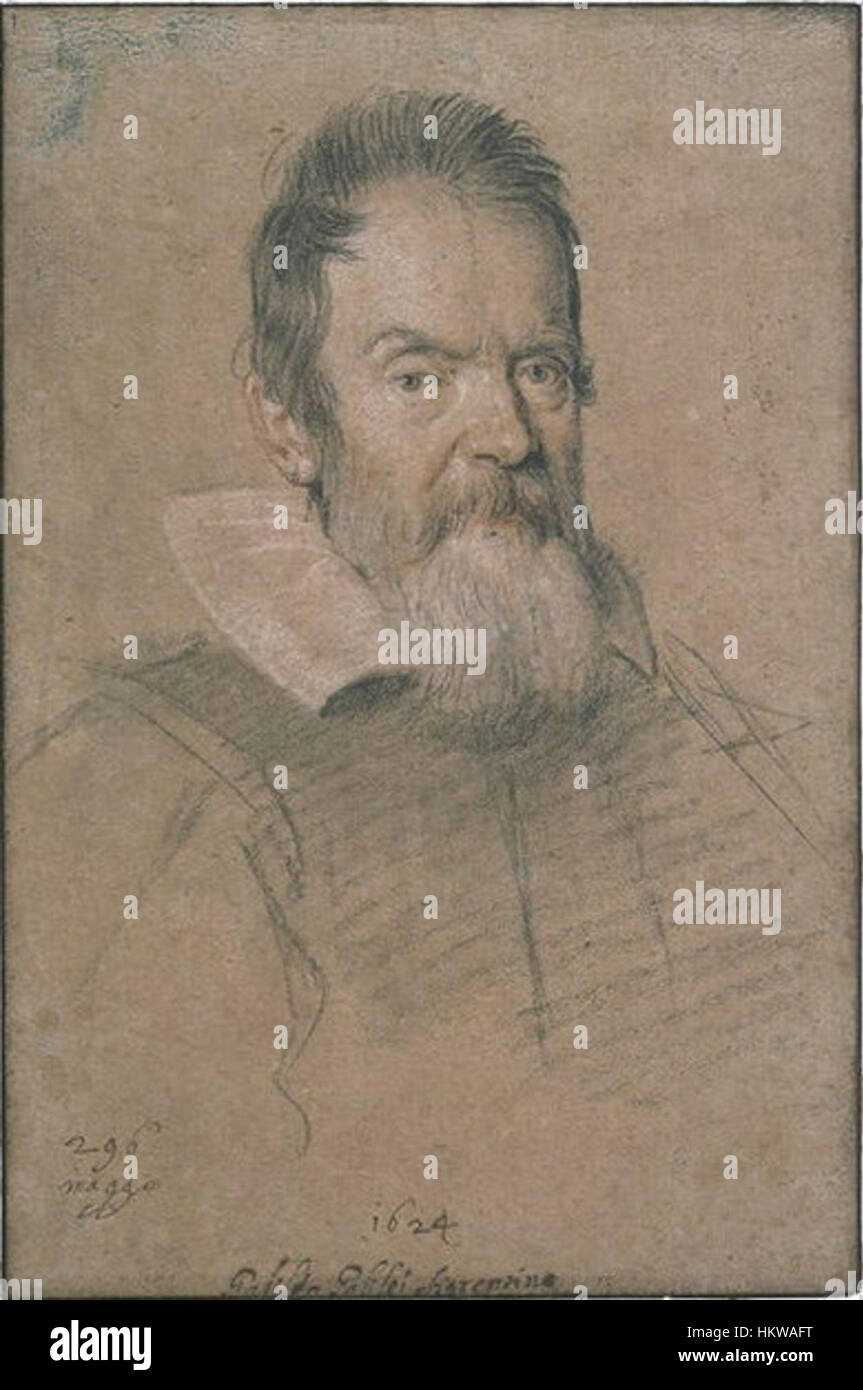 Dieses Porträt von Galileo Galilei aus dem 17. Jahrhundert, gemalt von Giusto Leoni, fängt den renommierten Wissenschaftler und Mathematiker in einem Moment intellektueller Betrachtung ein. Das im Louvre untergebrachte Gemälde ist eine Hommage an Galileos entscheidenden Beitrag zur Wissenschaft. Stockfoto