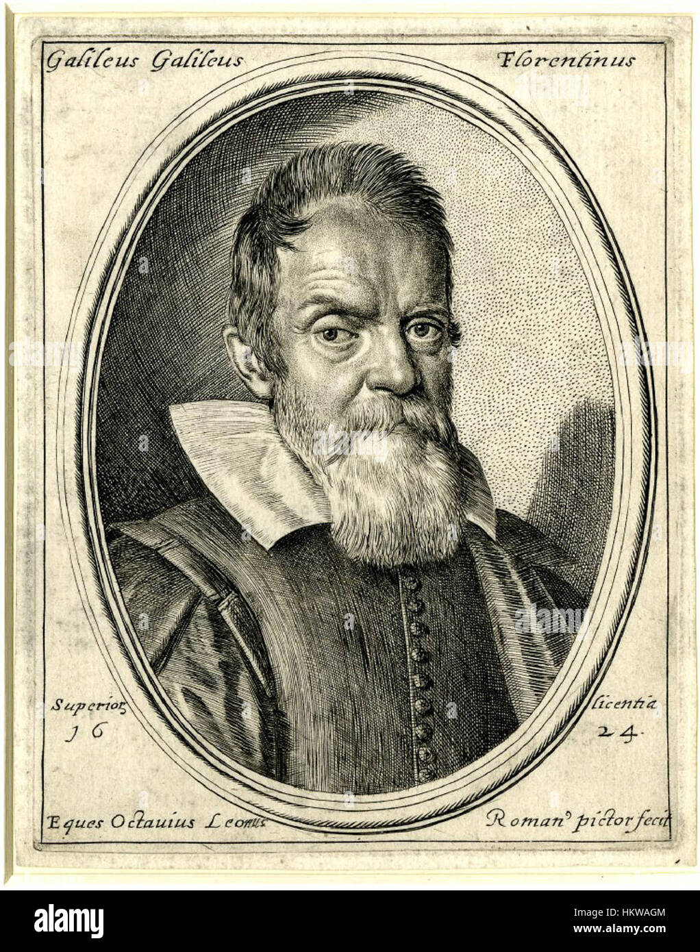 Ein Porträtdruck des berühmten Wissenschaftlers Galileo Galilei aus dem 17. Jahrhundert, geschaffen von Ottavio Leoni. Das Werk zeigt die einflussreiche Persönlichkeit, die für seine Beiträge zur Astronomie und Physik bekannt ist. Stockfoto