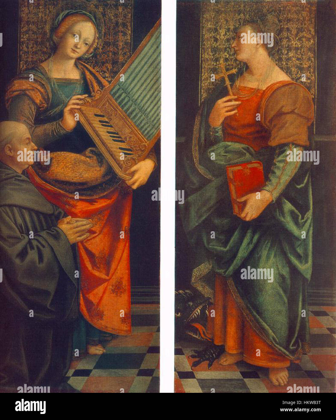 Gaudenzio Ferraris „St. Cecile mit dem Stifter und der Heiligen Margarete“ zeigt die Heilige Cecilia, die Schutzpatronin der Musik, zusammen mit einem Spender und der Heiligen Margarete. Das Renaissance-Gemälde fängt einen göttlichen und heiligen Moment ein. Stockfoto