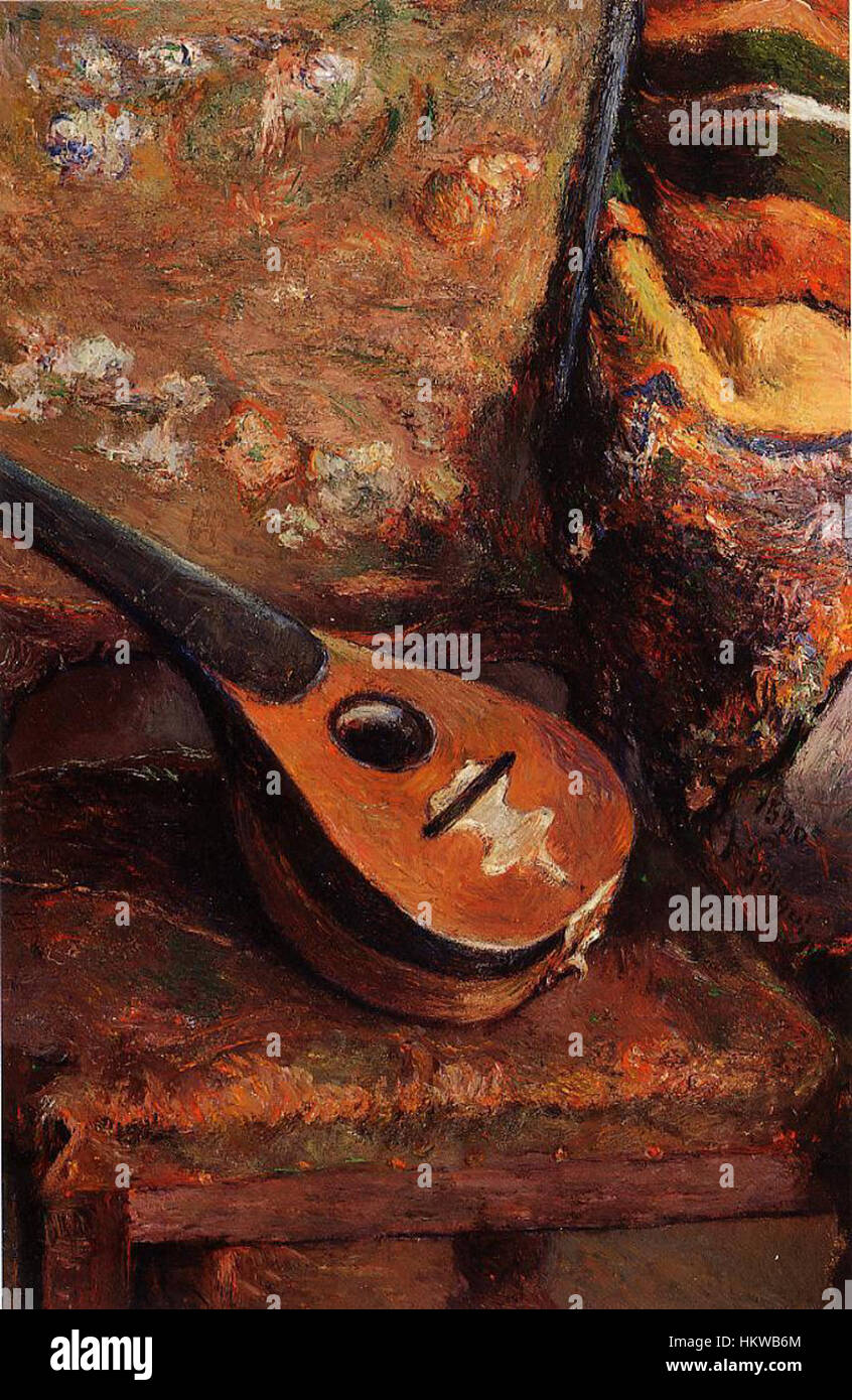 *Mandoline sur une Chaise* von Paul Gauguin ist ein Stillleben, das eine Mandoline auf einem Stuhl darstellt. Dieses Stück unterstreicht Gauguins leuchtende Farbpalette und seine Herangehensweise an Alltagsgegenstände auf vereinfachte, aber ausdrucksstarke Weise. Stockfoto