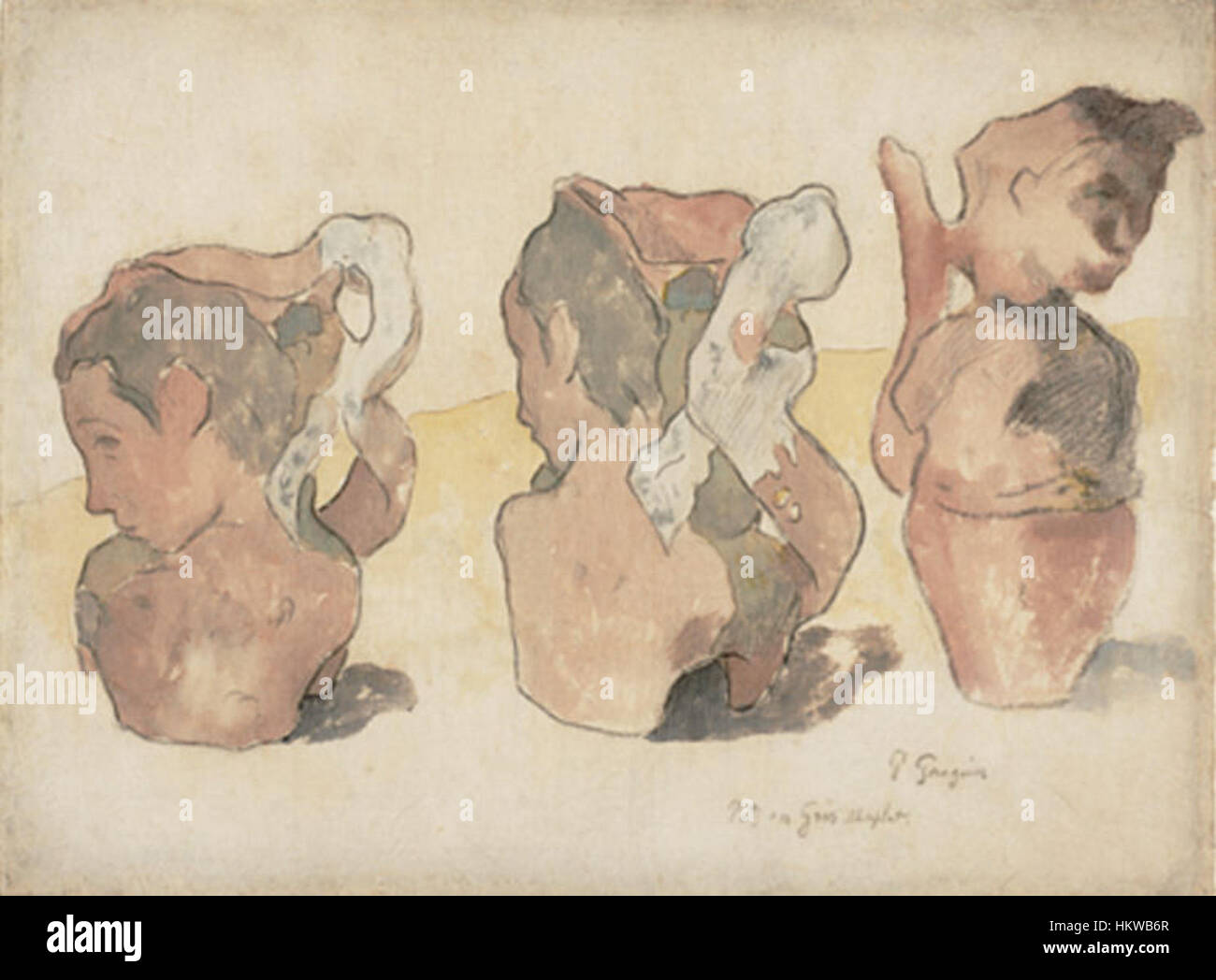 „Pots en gres“ von Paul Gauguin ist ein Stillleben-Gemälde mit Keramiktöpfen. Das Werk spiegelt Gauguins Auseinandersetzung mit einfachen Themen sowie sein Interesse an Texturen und Formen von Objekten wider. Das Stück ist repräsentativ für seine späteren Arbeiten, in denen er lebendige Farben und kräftige Pinselstriche verwendete, um alltägliche Motive in einem neuen Licht zu erkunden. Stockfoto