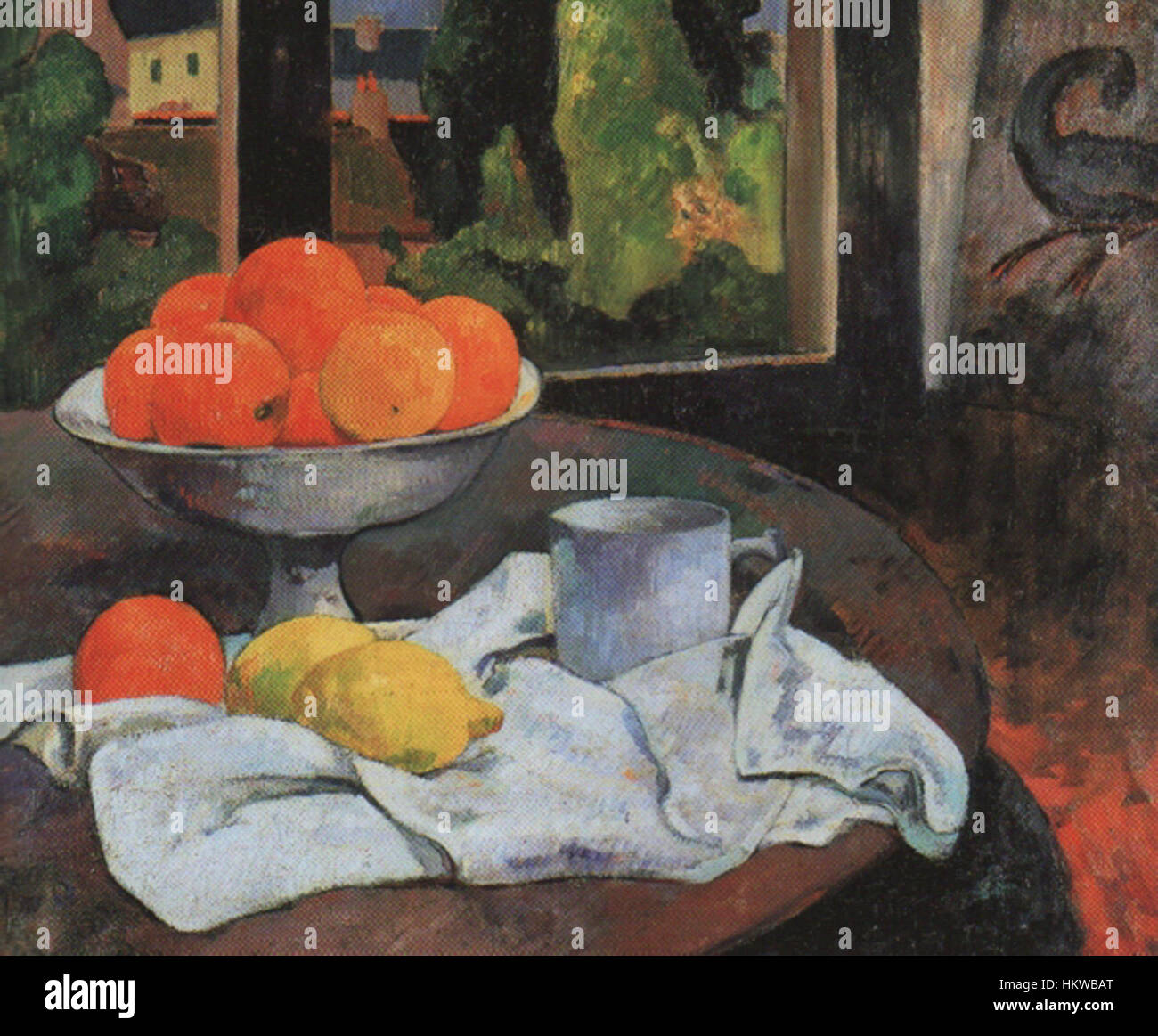 Paul Gauguins „Stillleben mit Fruchtschale und Zitronen“ ist ein stilllebendes Ölgemälde, das seine Verwendung lebendiger Farben und kräftiger Pinselarbeiten widerspiegelt. Die Komposition dreht sich um eine Schüssel mit Früchten, einschließlich Zitronen, und spiegelt seinen einzigartigen künstlerischen Stil wider. Stockfoto