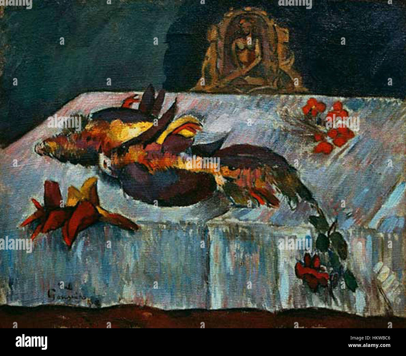 Ein Stillleben-Gemälde von Paul Gauguin mit dem Titel *Nature morte aux oiseaux Exotiques II*, das seine lebhafte Verwendung von Farben und die Erforschung tropischer Themen zeigt. Das Stück spiegelt Gauguins Faszination für das Exotische und seine Zeit in Tahiti wider. Stockfoto
