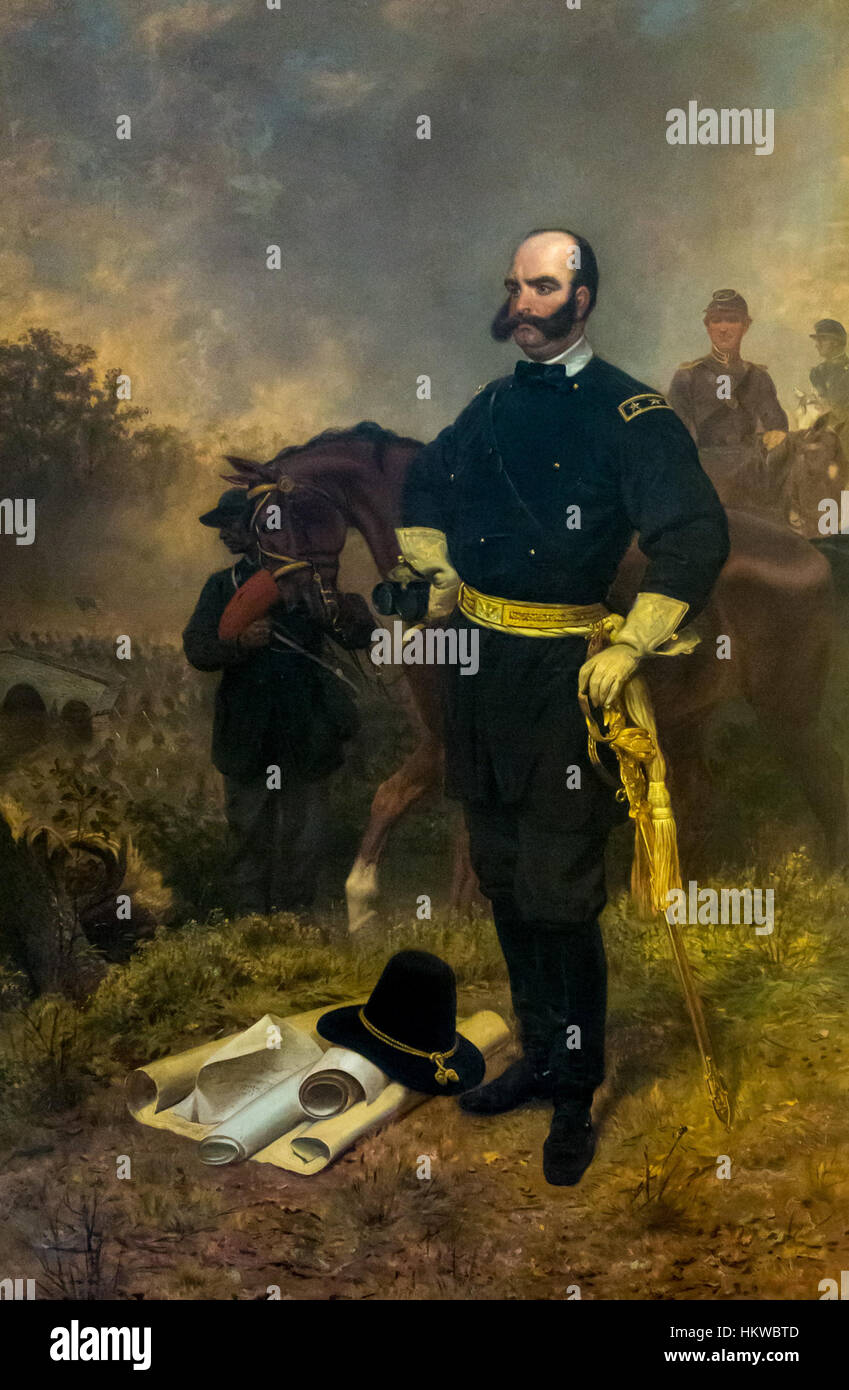 Dieses Gemälde von Leutze zeigt General Ambrose Burnside während der Schlacht von Antietam im Jahr 1862, wobei er einen Schlüsselmoment des amerikanischen Bürgerkriegs festnimmt und Burnside' Führung in der Schlacht zeigt. Stockfoto