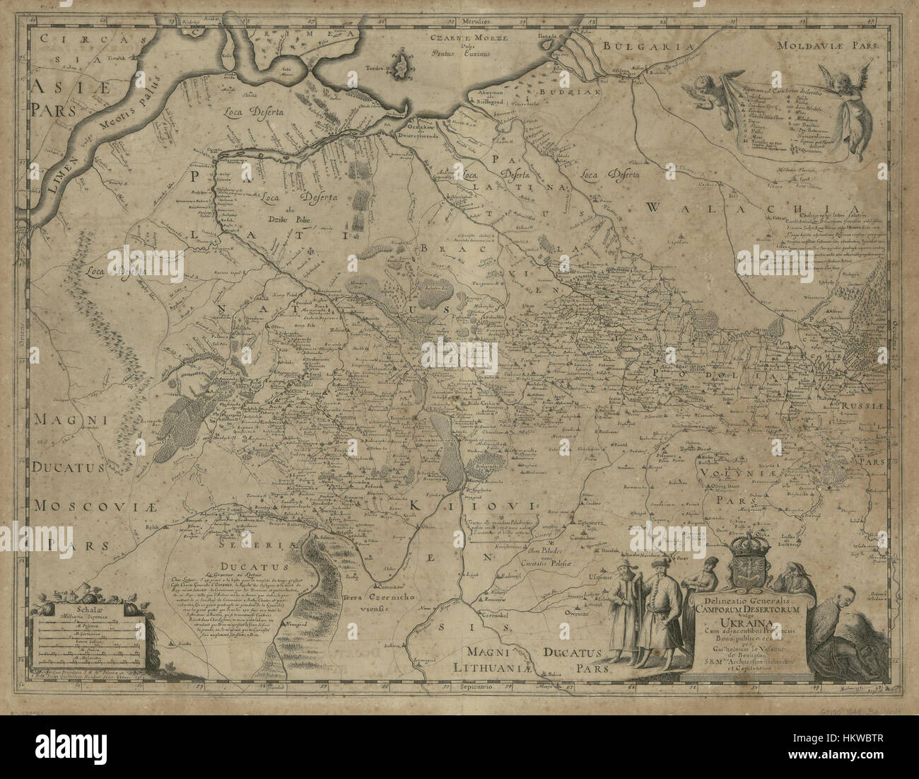 Diese historische Karte aus der Sammlung WDL79 zeigt die ukrainische Ebene und die umliegenden Provinzen. Die Karte erfasst die geografische Landschaft und skizziert die politischen Grenzen der Region während einer bedeutenden historischen Periode. Stockfoto