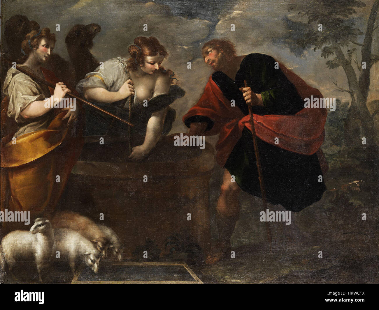 Dieses Gemälde aus Genua aus dem 17. Jahrhundert zeigt Rebekah am Brunnen, eine biblische Szene. Das Werk reflektiert den künstlerischen Stil und die religiösen Themen dieser Zeit und demonstriert den detaillierten und expressiven Charakter der Barockkunst. Stockfoto