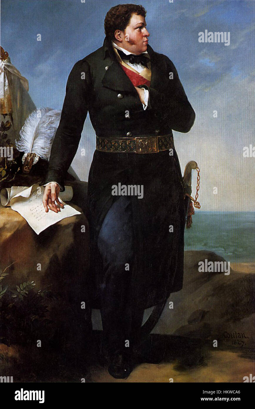 Dieses Porträt von Georges Cadoudal Coutan, einer prominenten Persönlichkeit der französischen Geschichte, ist in einem traditionellen Stil gemalt, der die künstlerischen Standards der Epoche widerspiegelt und seine Rolle in der Geschichte Frankreichs und seine Verbindung mit politischen Bewegungen zeigt. Stockfoto