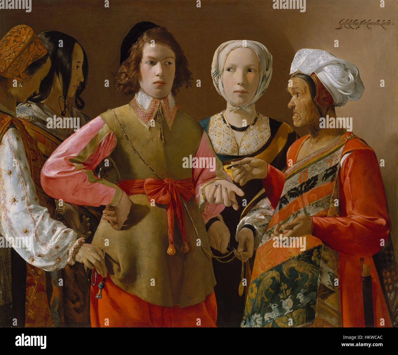 Georges de La Tour's *der Glückszähler* zeigt einen Moment der Wahrsagung, der Realismus und dramatisches Licht verbindet, um das Wesen der französischen Genremalerei des 17. Jahrhunderts festzuhalten. Stockfoto